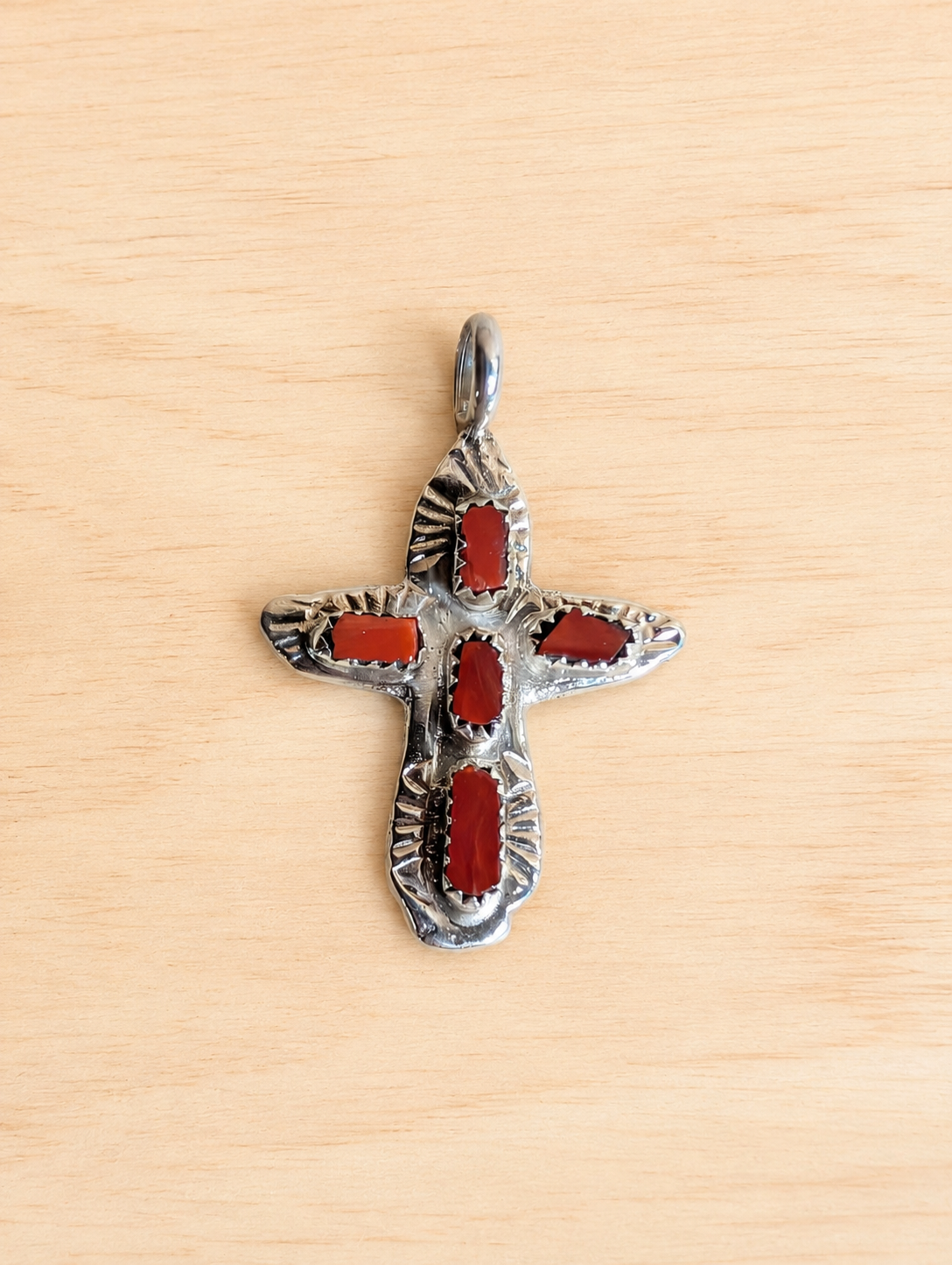Handcrafted Red Coral Sterling Silver Cross Pendant