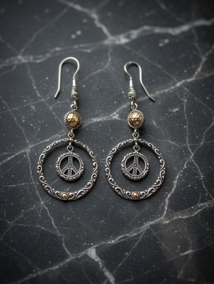 Bohemian Style Peace Sign Sterling Silver Earrings With 18k Gold Accents