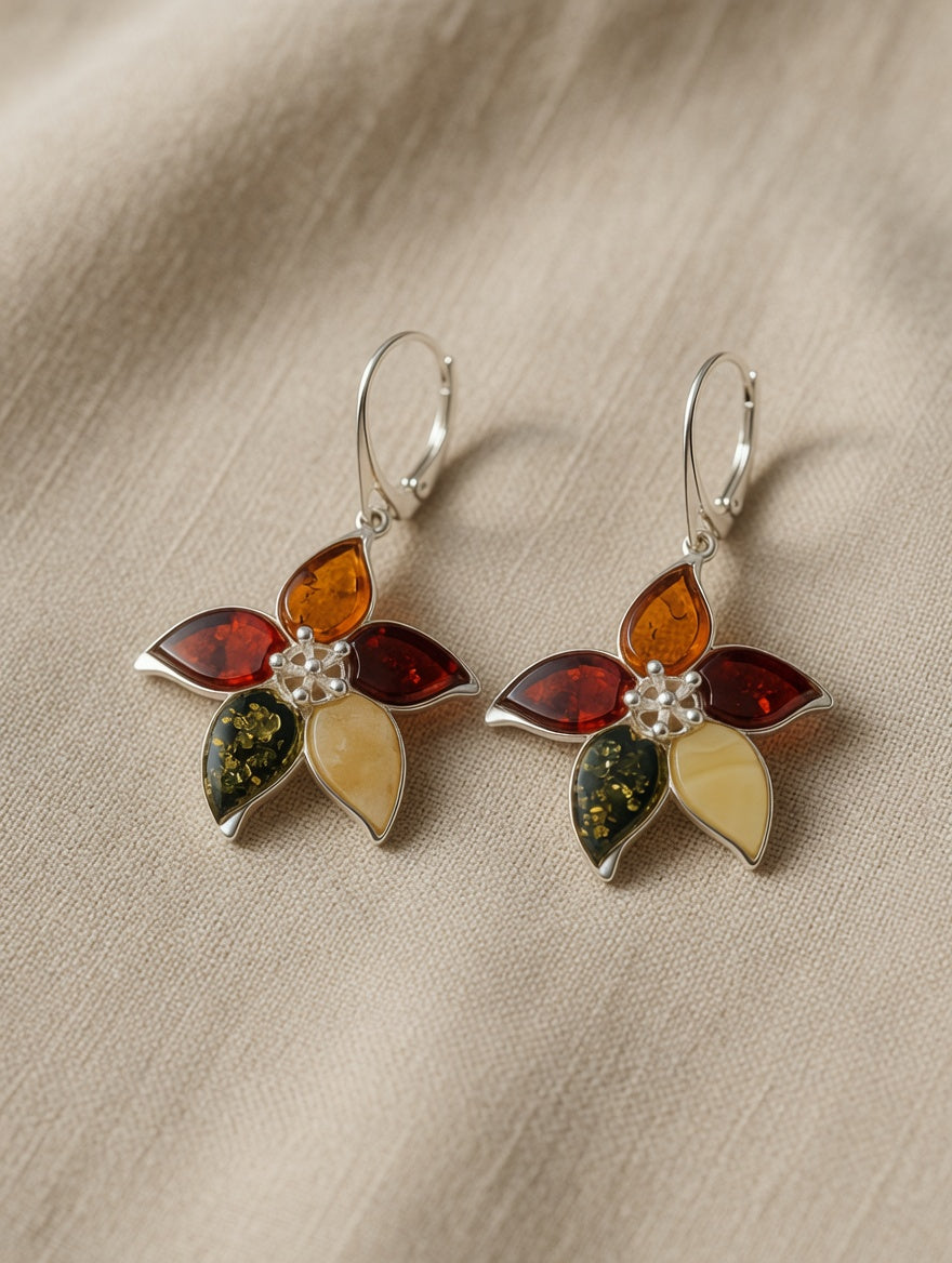 Multicolor Amber Handmade Sterling Silver Flower Leverback Earrings
