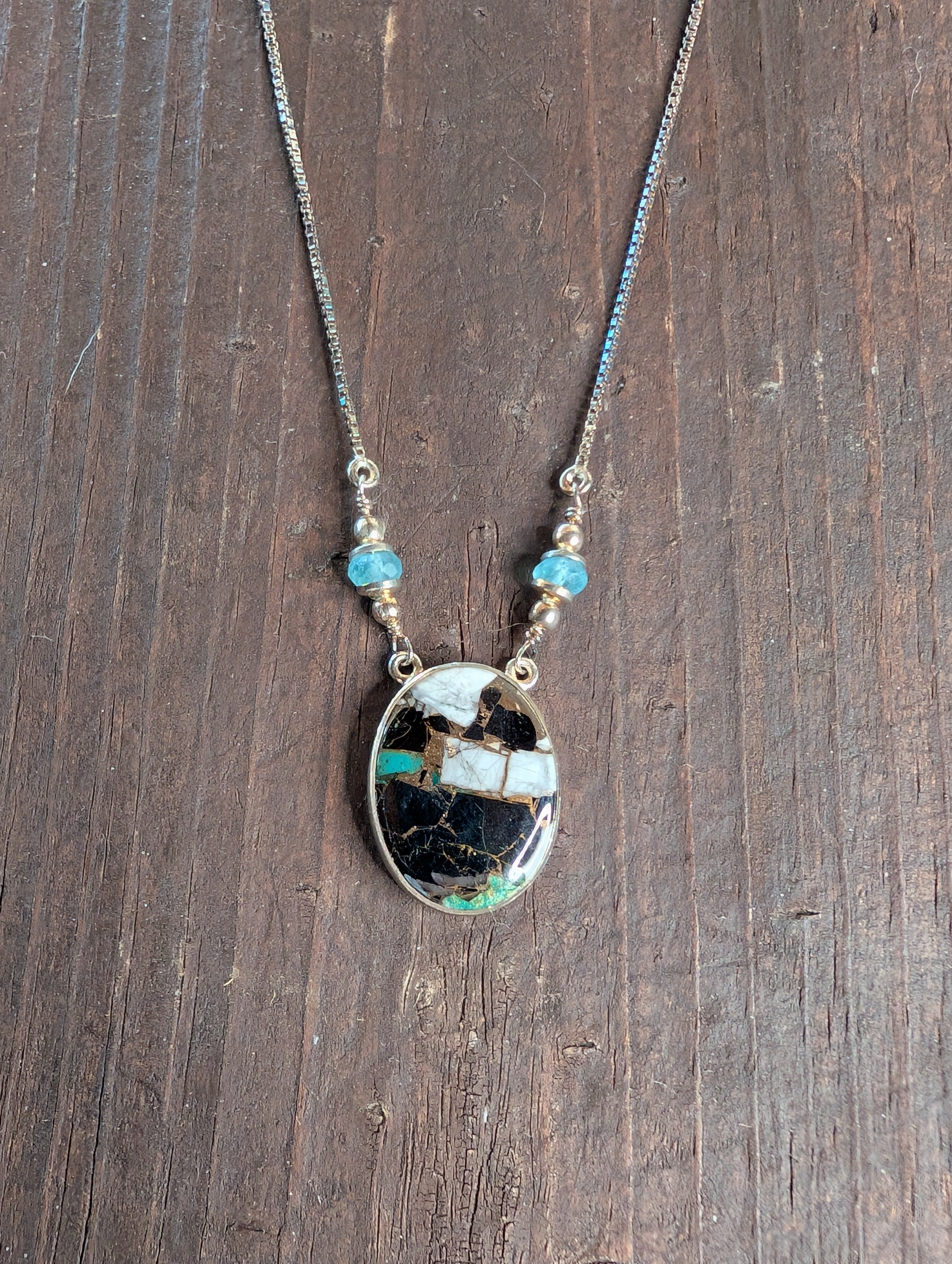 Mosaic Mojave Turquoise Gemstone With Aquamarine Beads Sterling Silver Necklace