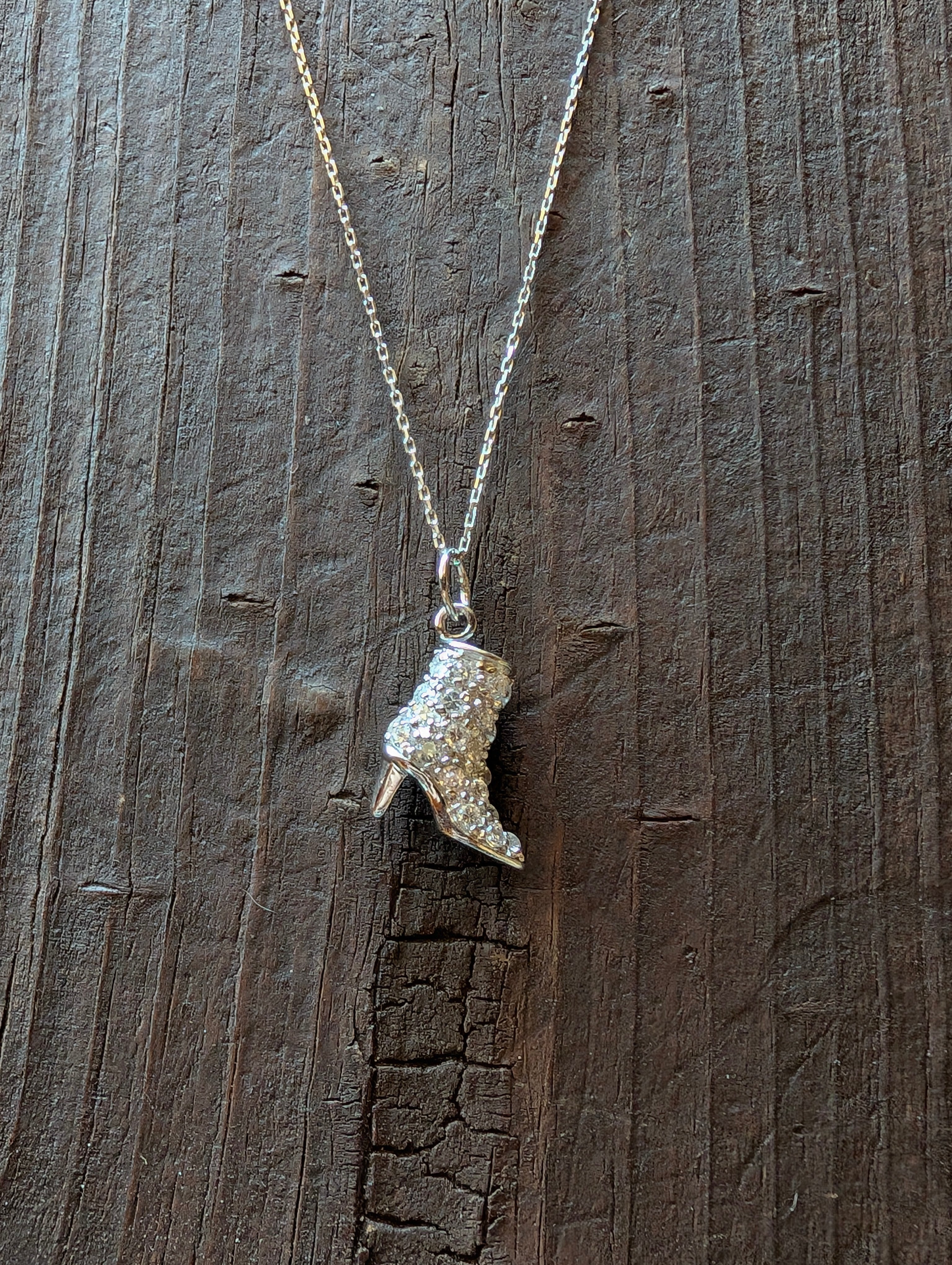 Sterling Silver Detailed CZ High Heel Cowboy Boot Pendant Necklace