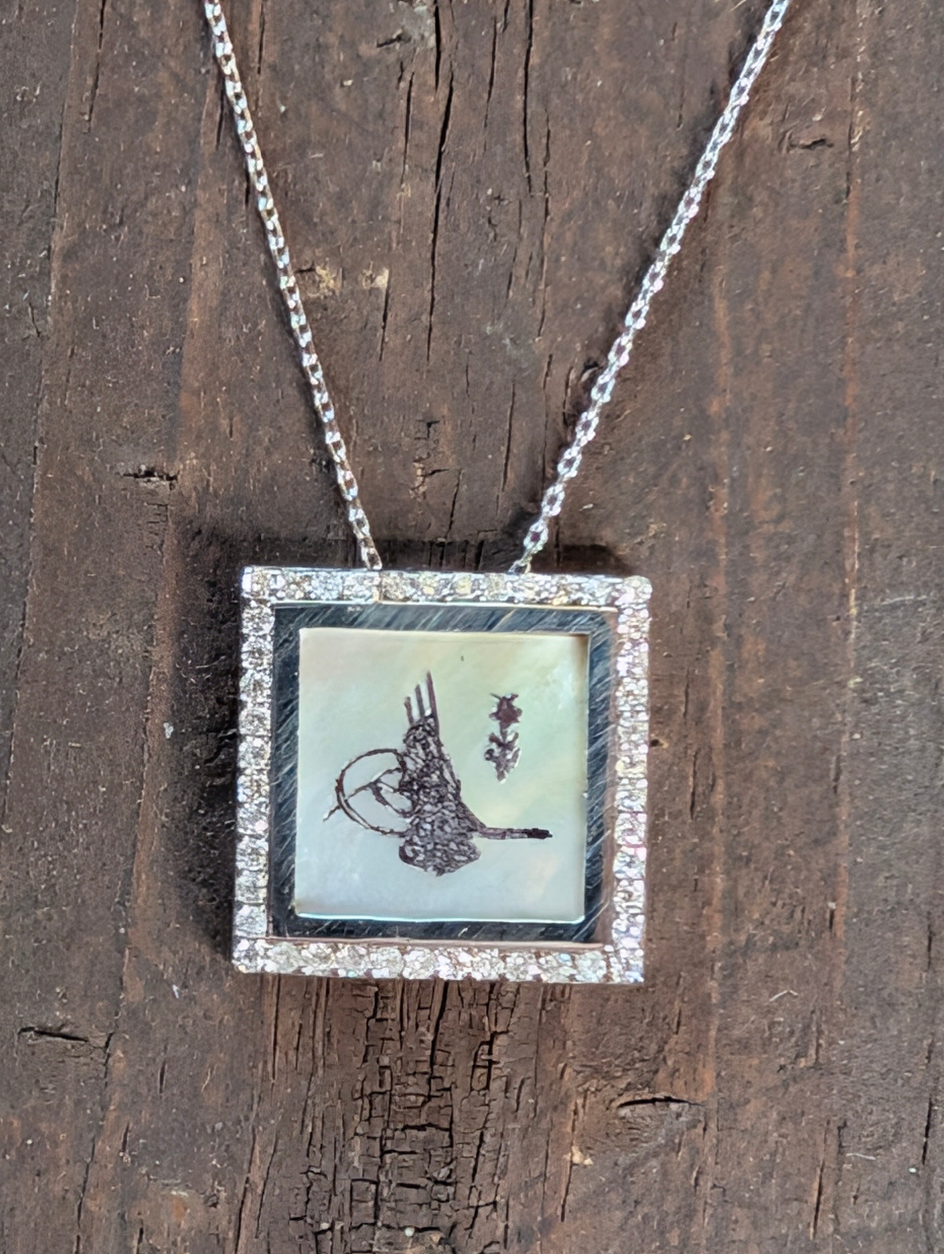 Sterling Silver CZ Tughra Inlay Calligraphy Pendant Necklace