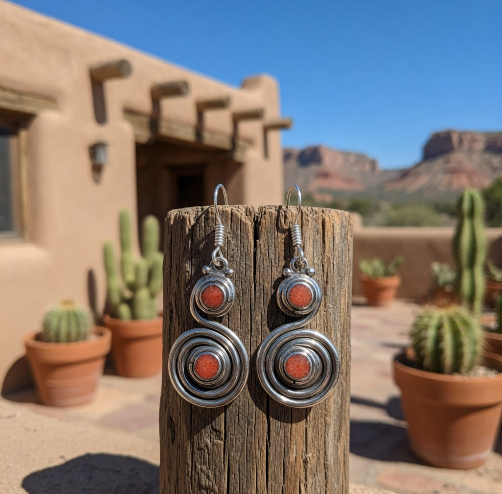 Coral & Silver Spiral Dangle Earrings