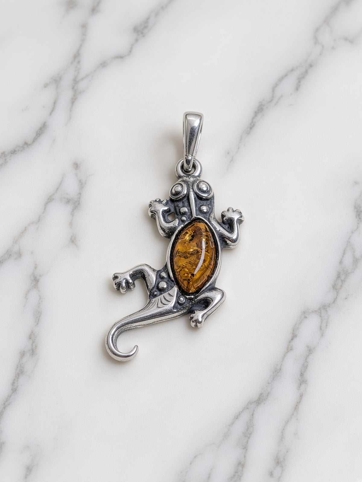 Handmade Lizard Orange Honey Cognac Cabochon & Sterling Silver Pendant