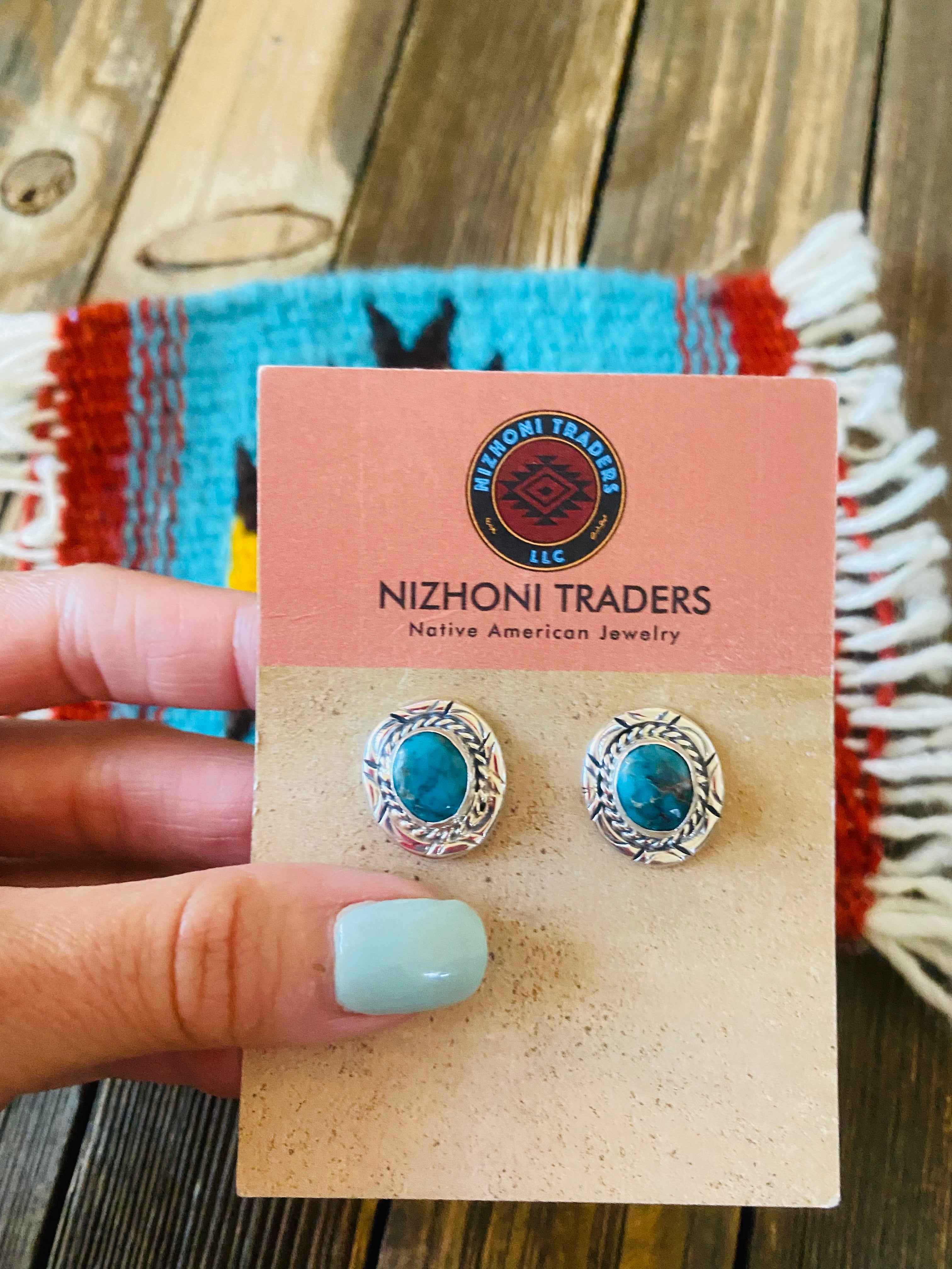 Navajo Kingman Turquoise & Sterling Silver Post Earrings Signed