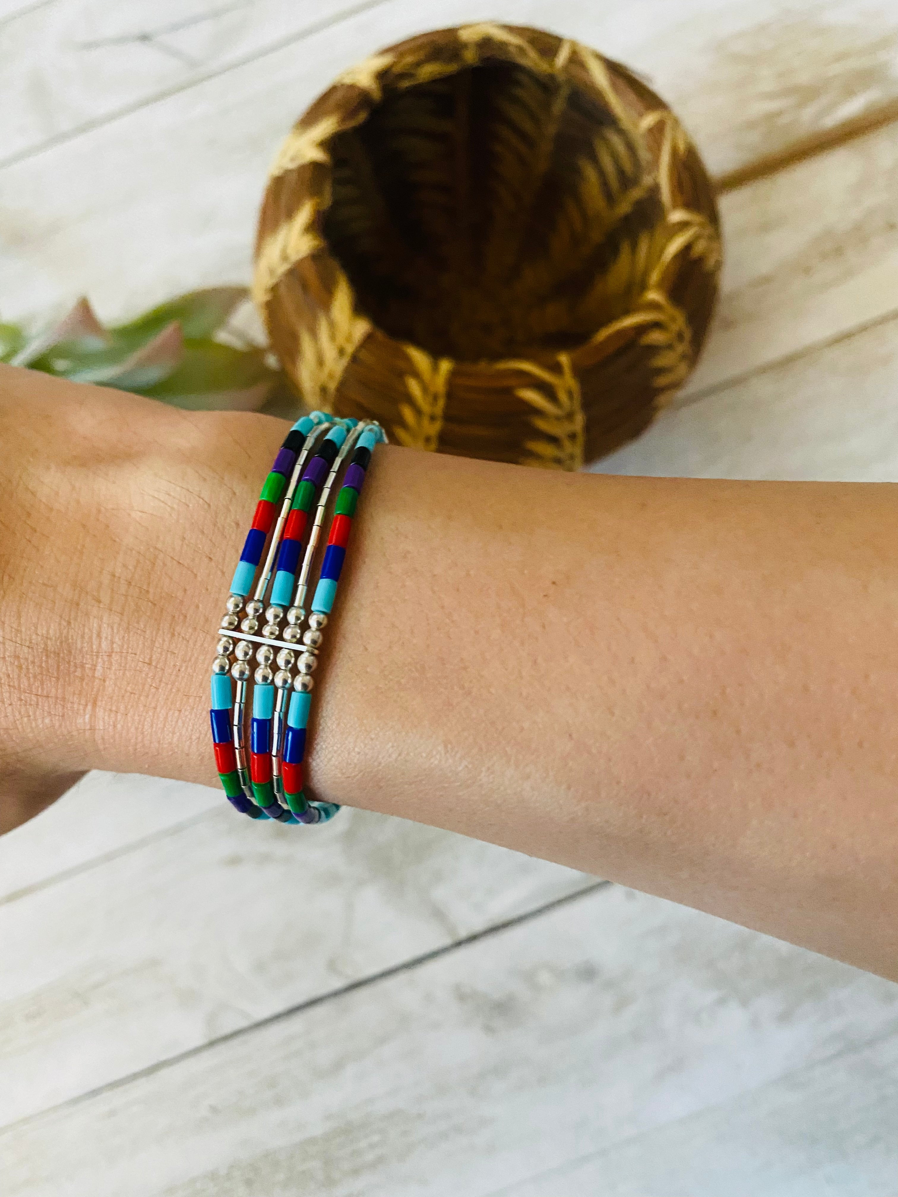 Navajo Multi Stone & Sterling Liquid Silver Beaded Bracelet