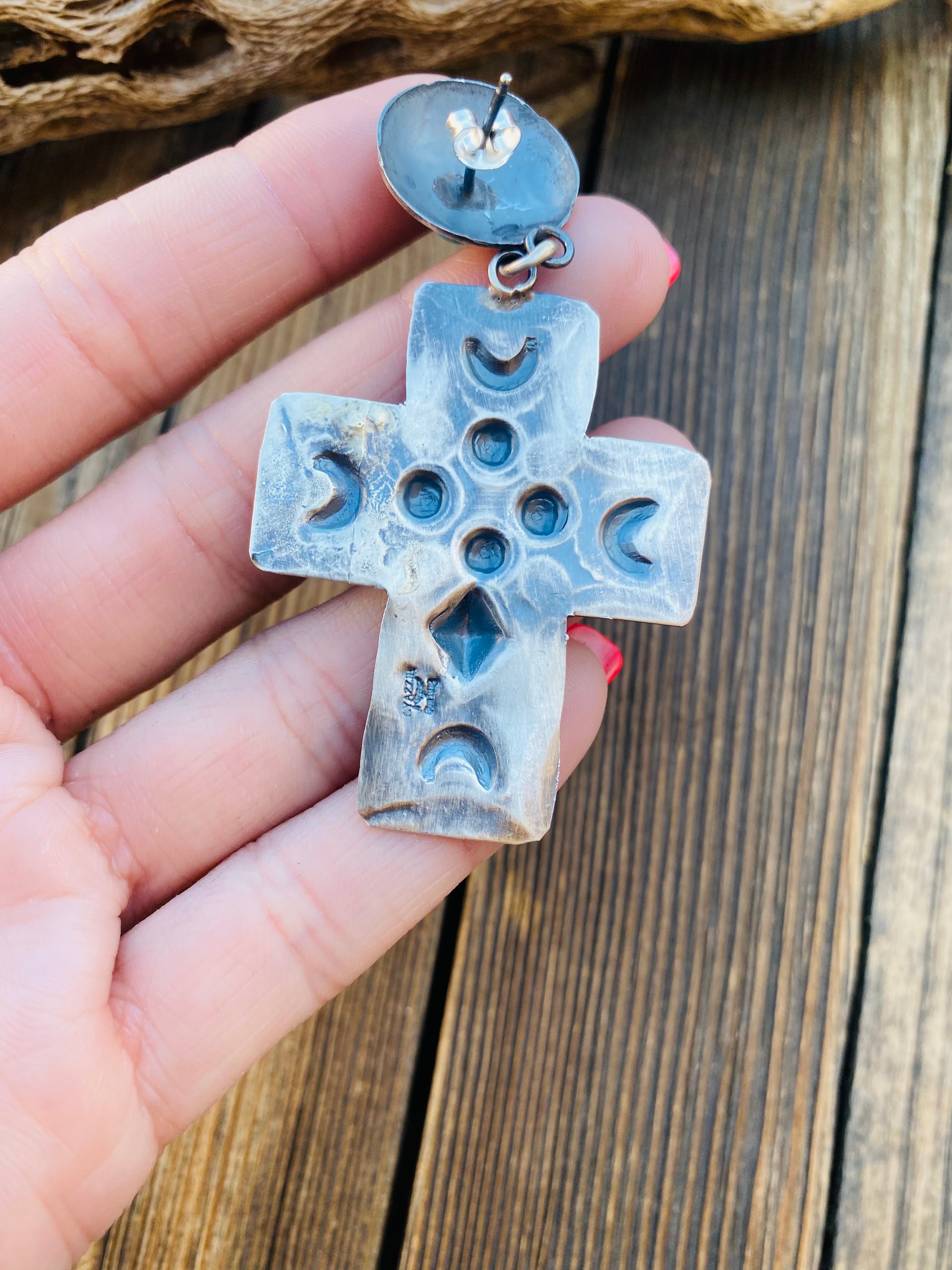 Navajo Hand Stamped Sterling Silver Cross Dangle Earrings By Tim Yazzie