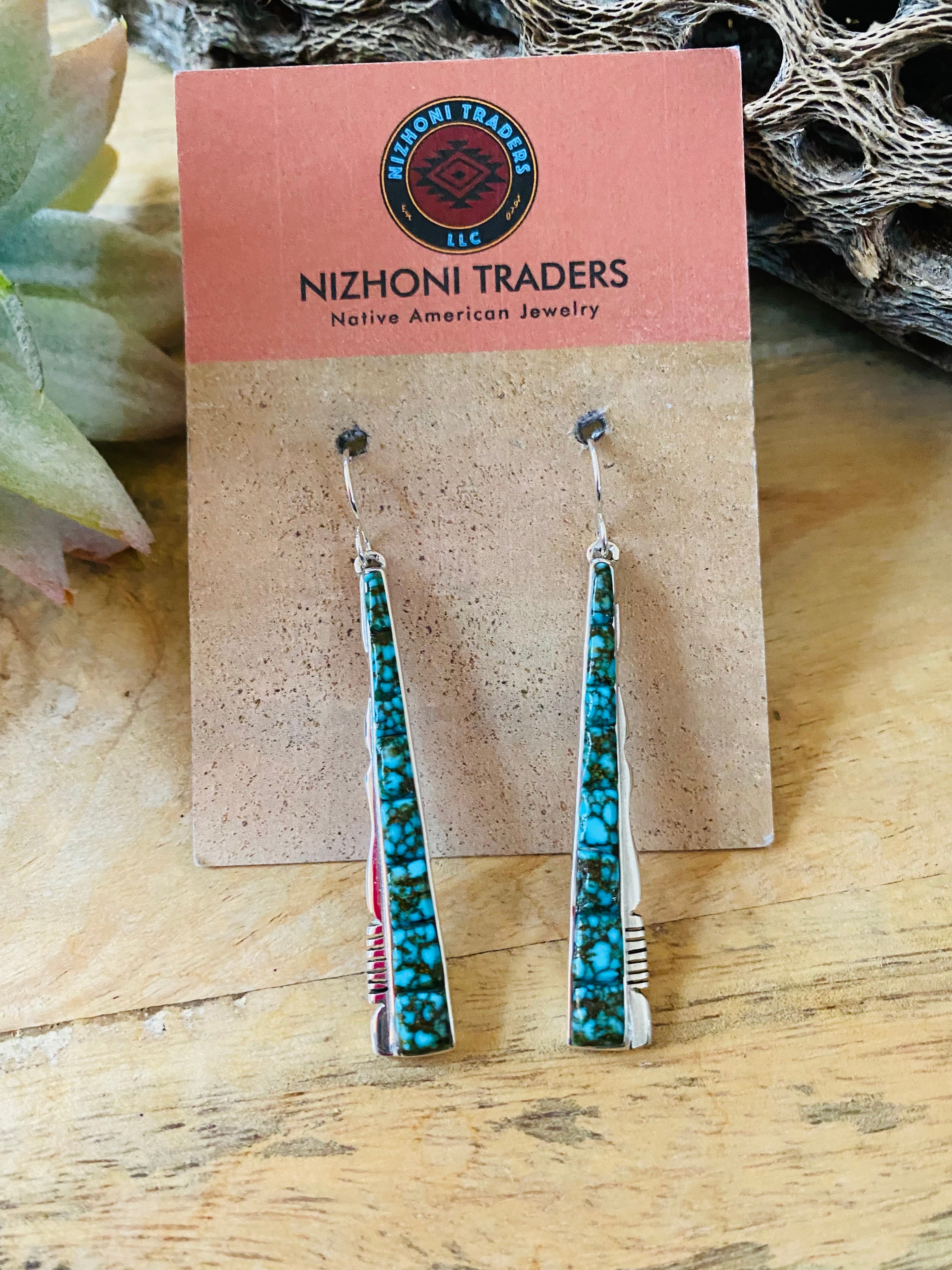 Navajo Kingman Web Turquoise & Sterling Silver Inlay Dangle Earrings