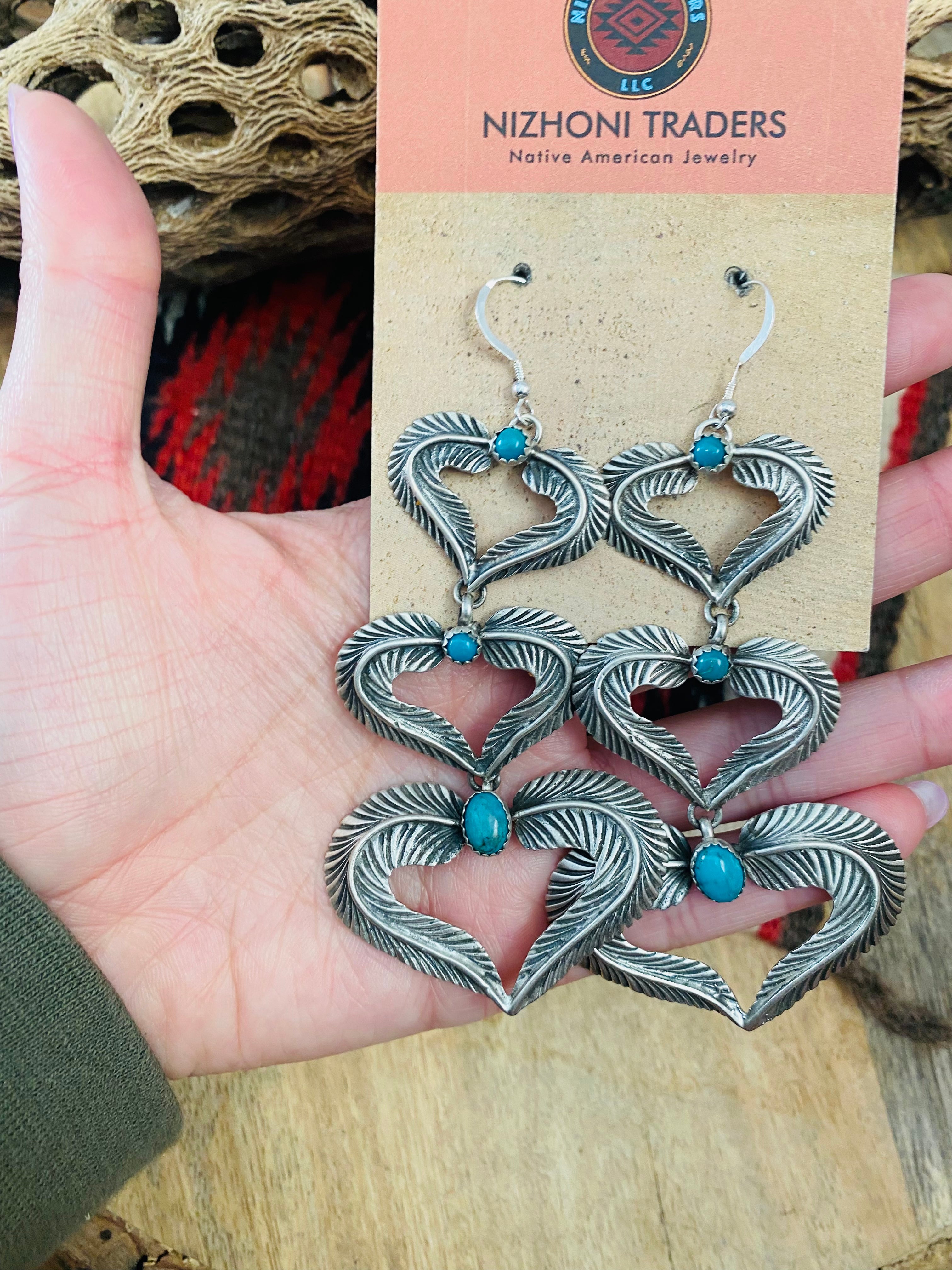 Navajo Turquoise & Sterling Silver Feather Heart Dangle Earrings