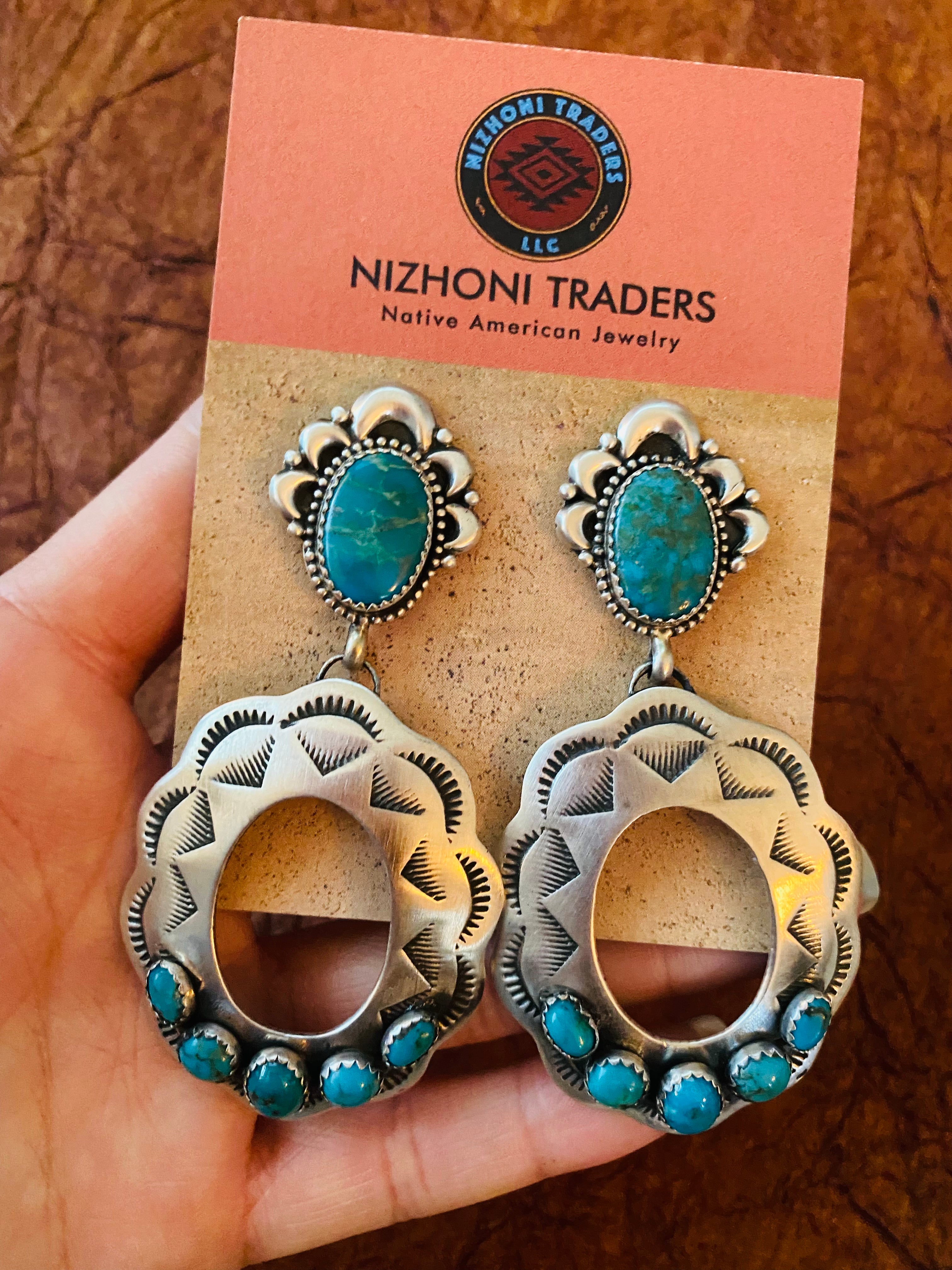 Navajo Sterling Silver & Turquoise Concho Dangle Earrings