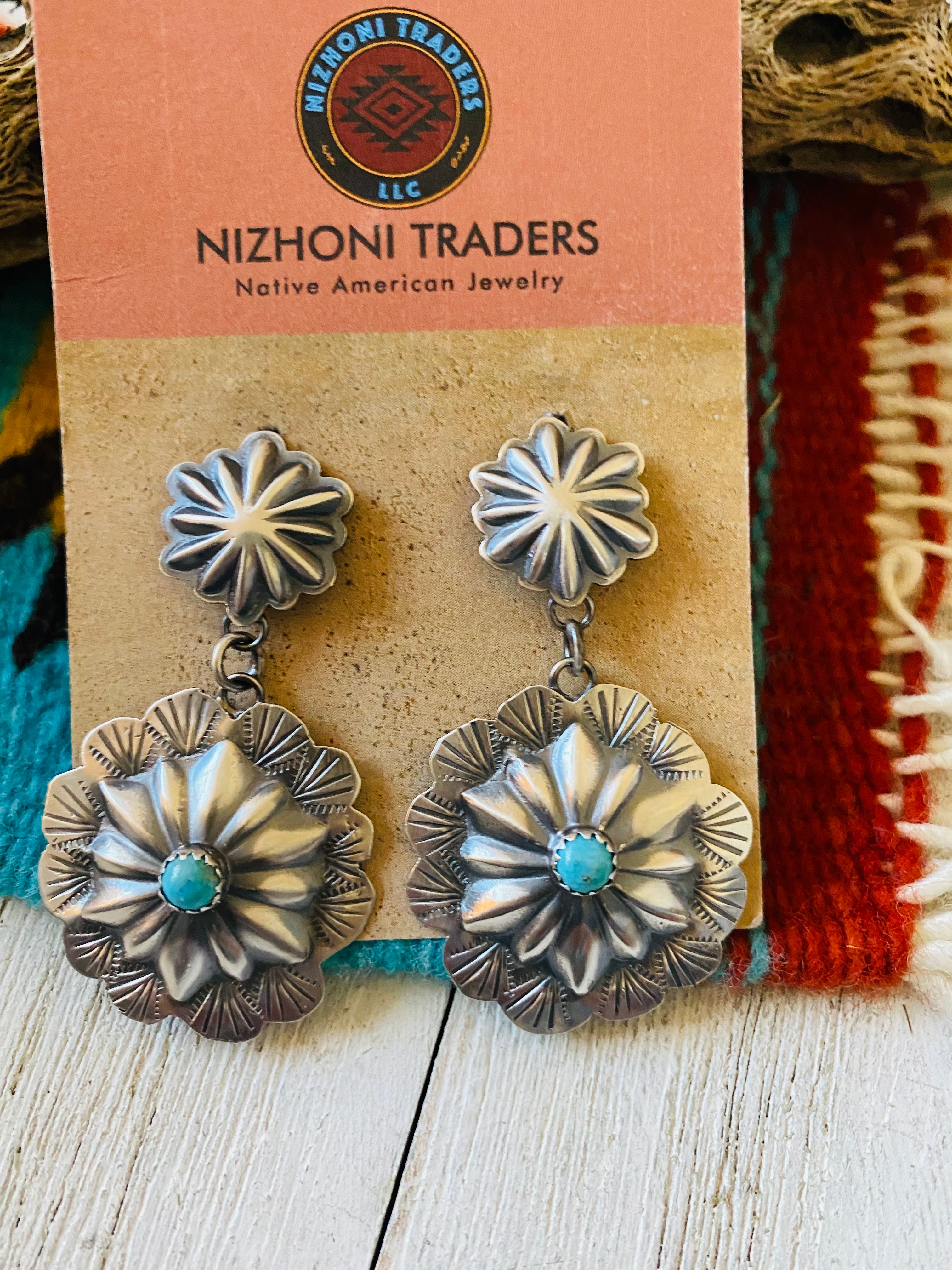 Navajo Turquoise & Sterling Silver Concho Dangle Earrings