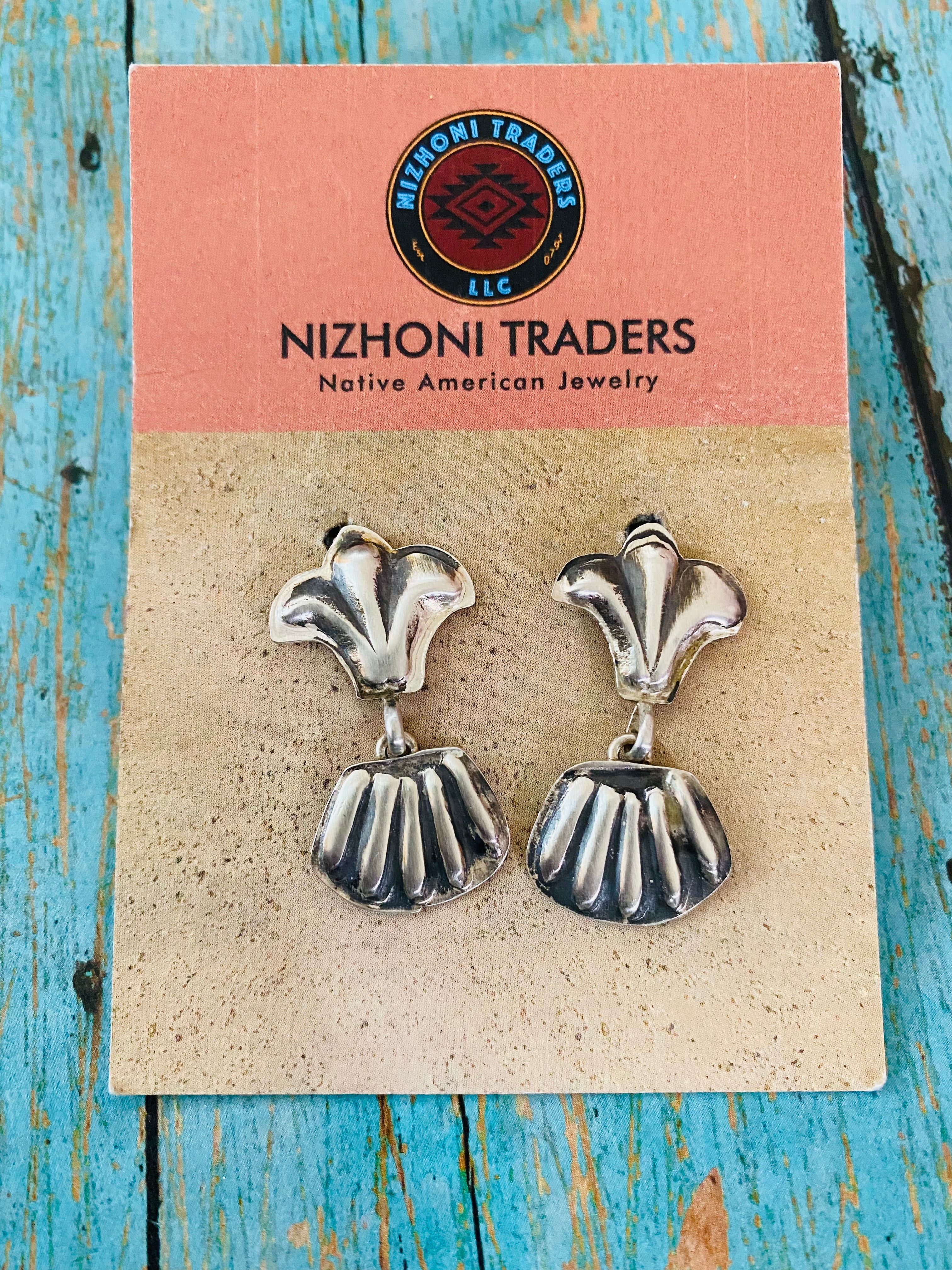 Navajo Hand Stamped Sterling Silver Concho Dangle Earrings