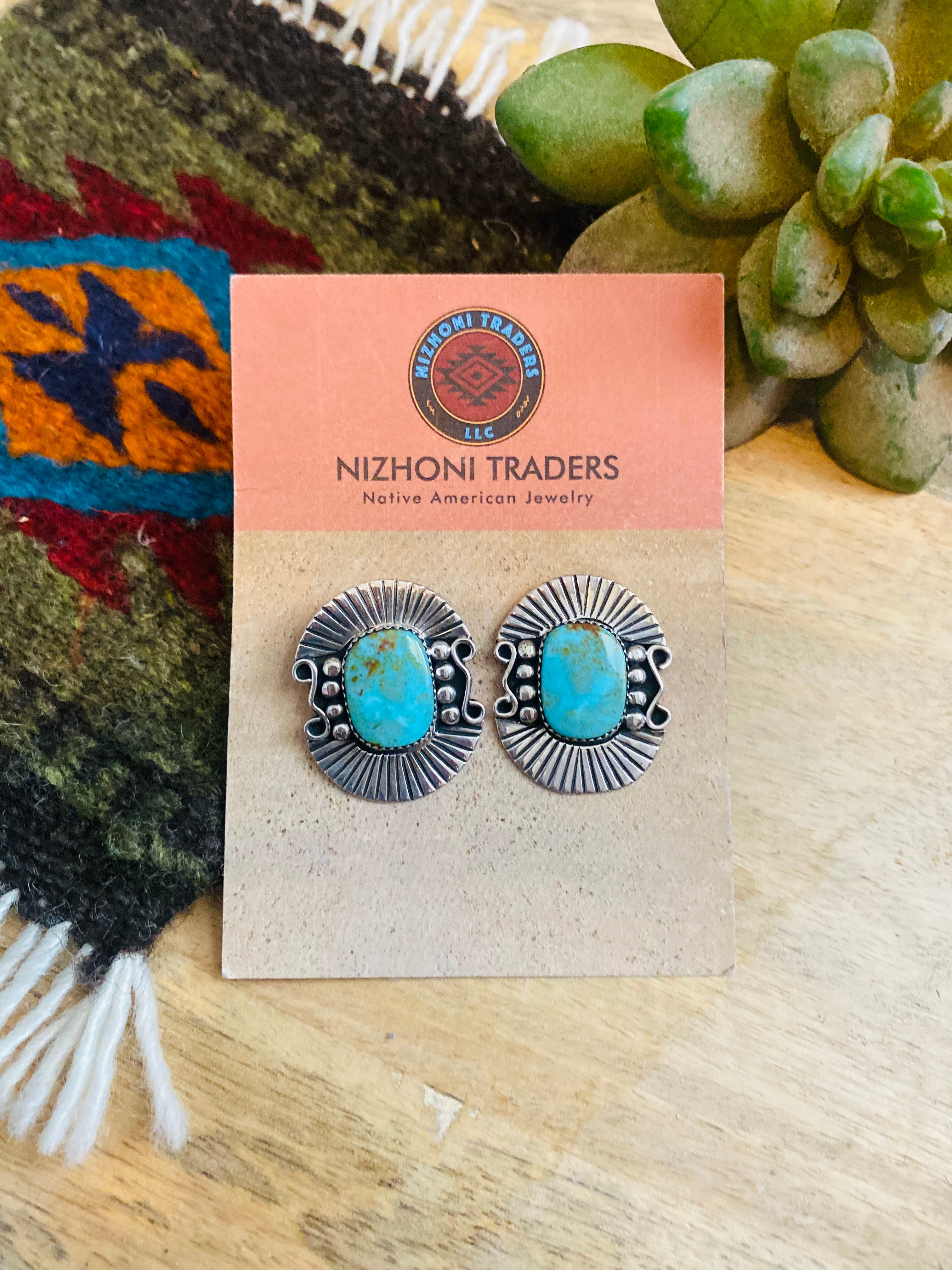 Navajo Sterling Silver & Royston Turquoise Post Earrings Signed