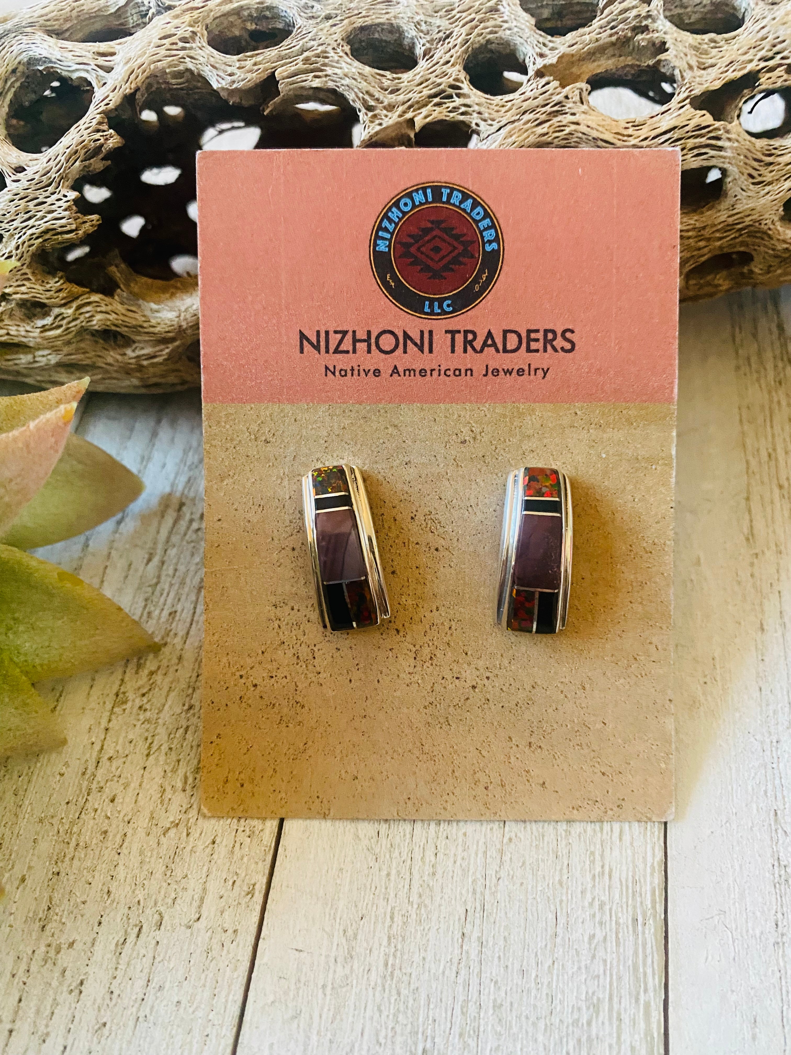 Navajo Multi Stone & Sterling Silver Inlay Dangle Earrings Signed