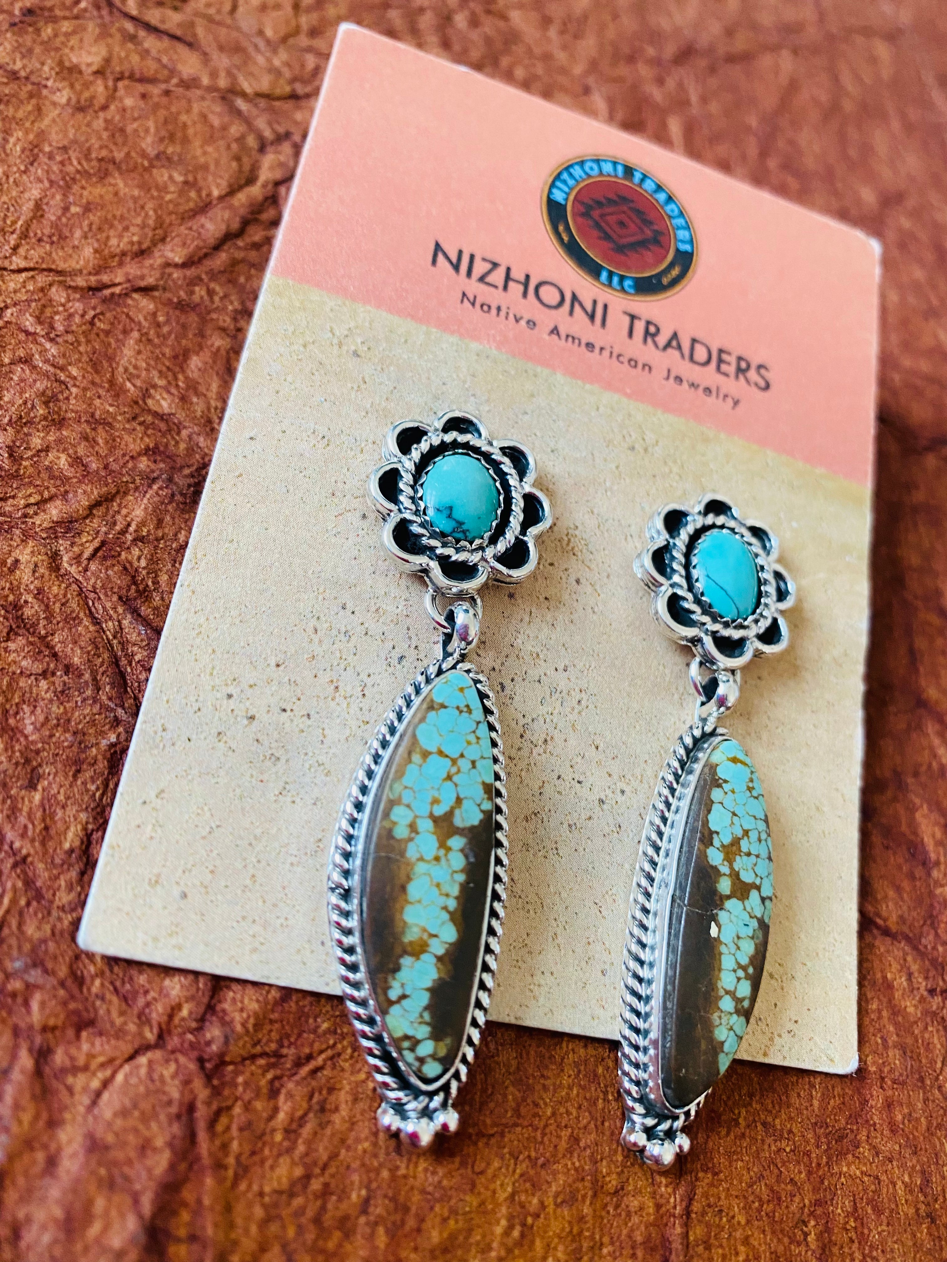 Navajo Number 8 Turquoise & Sterling Silver Flower Dangle Earrings