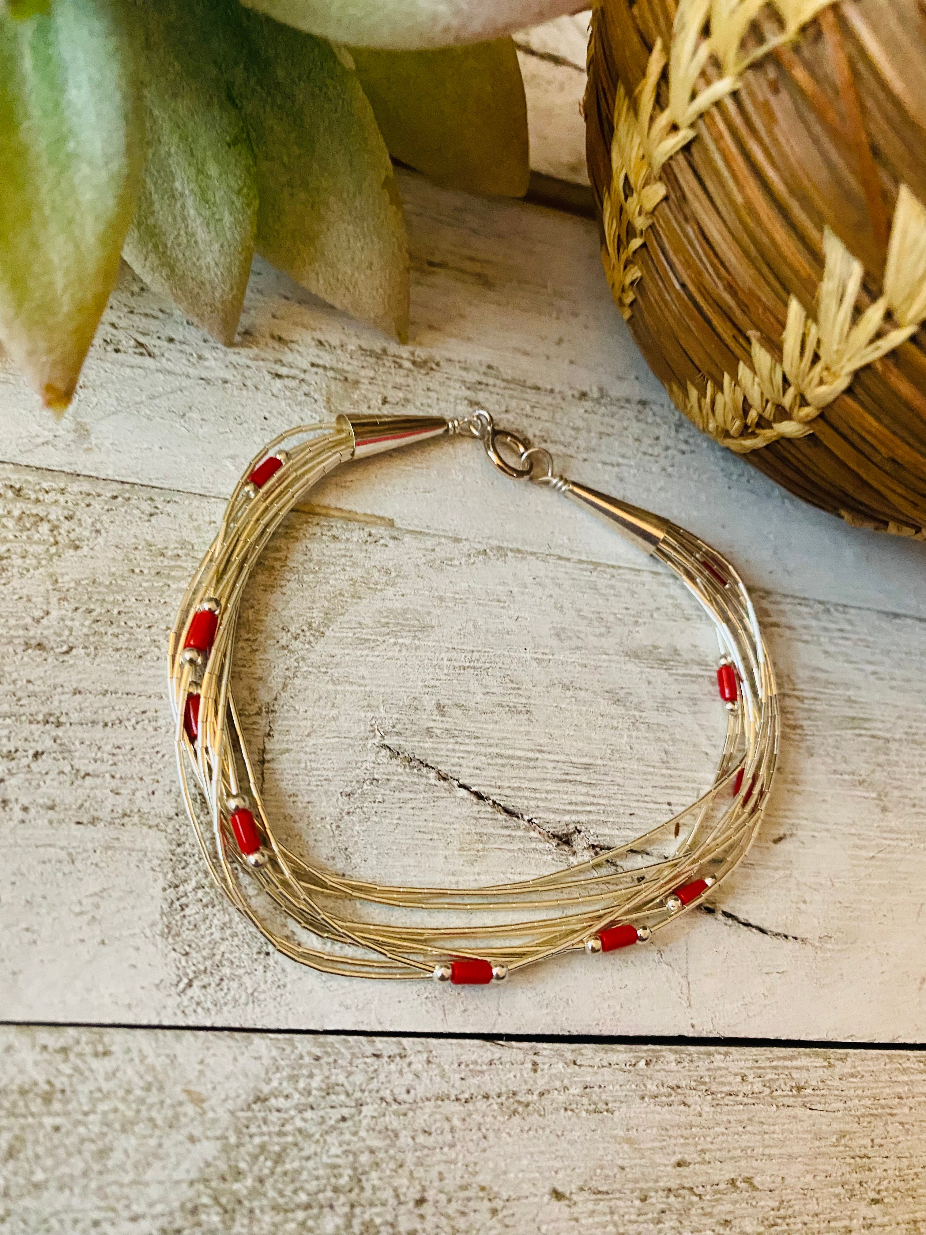 Navajo Coral & Sterling Liquid Silver Beaded Bracelet