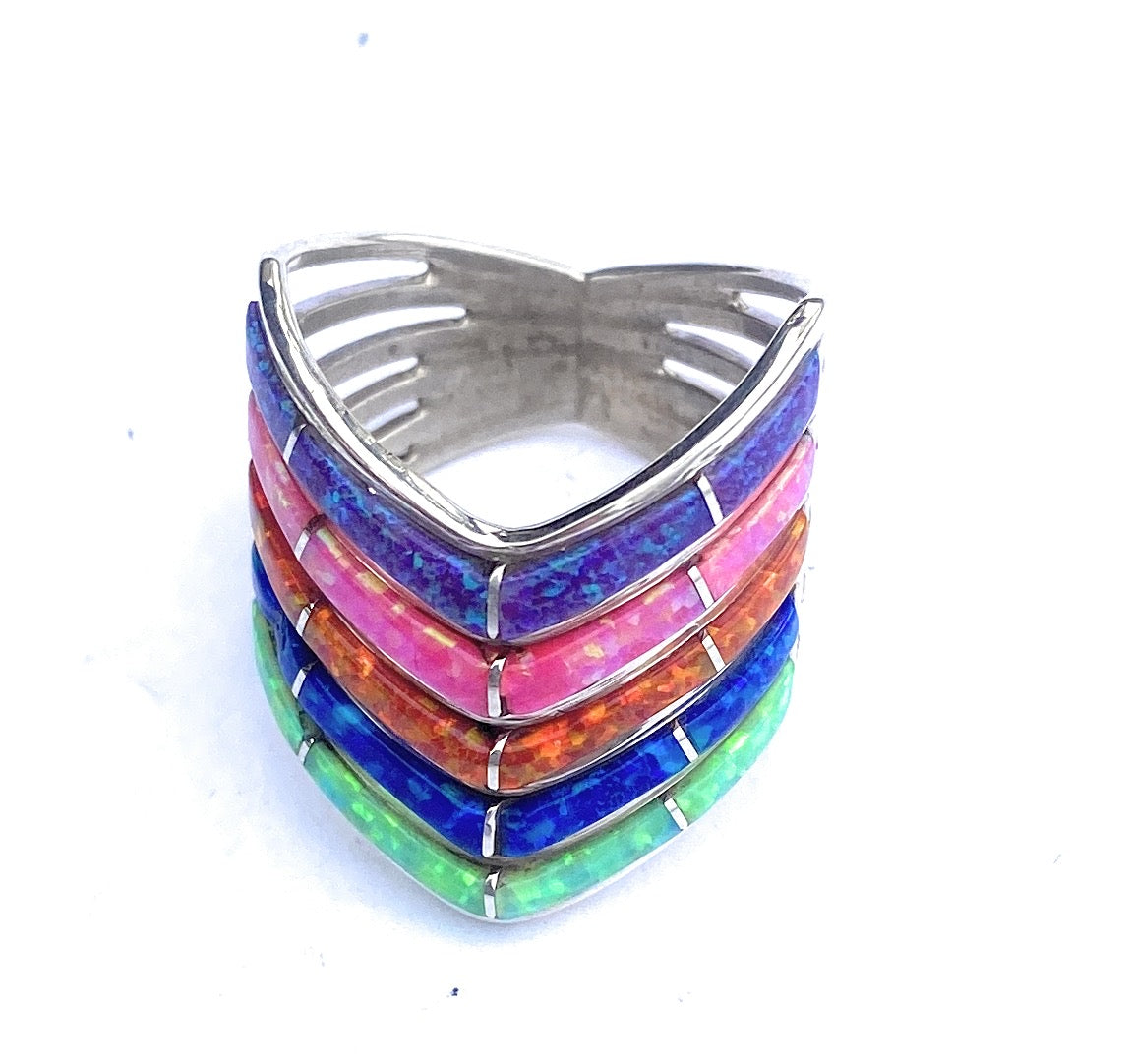 Navajo Sterling Silver & Multicolor Opal Inlayed Stacker Ring Size 7