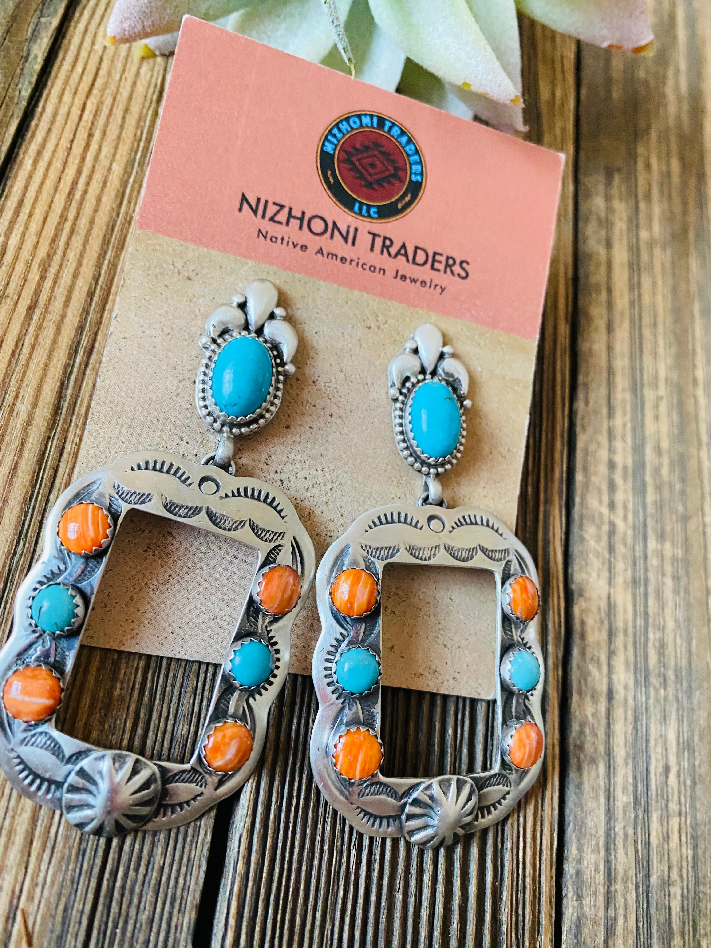 Navajo Turquoise, Spiny & Sterling Silver Concho Dangle Earrings