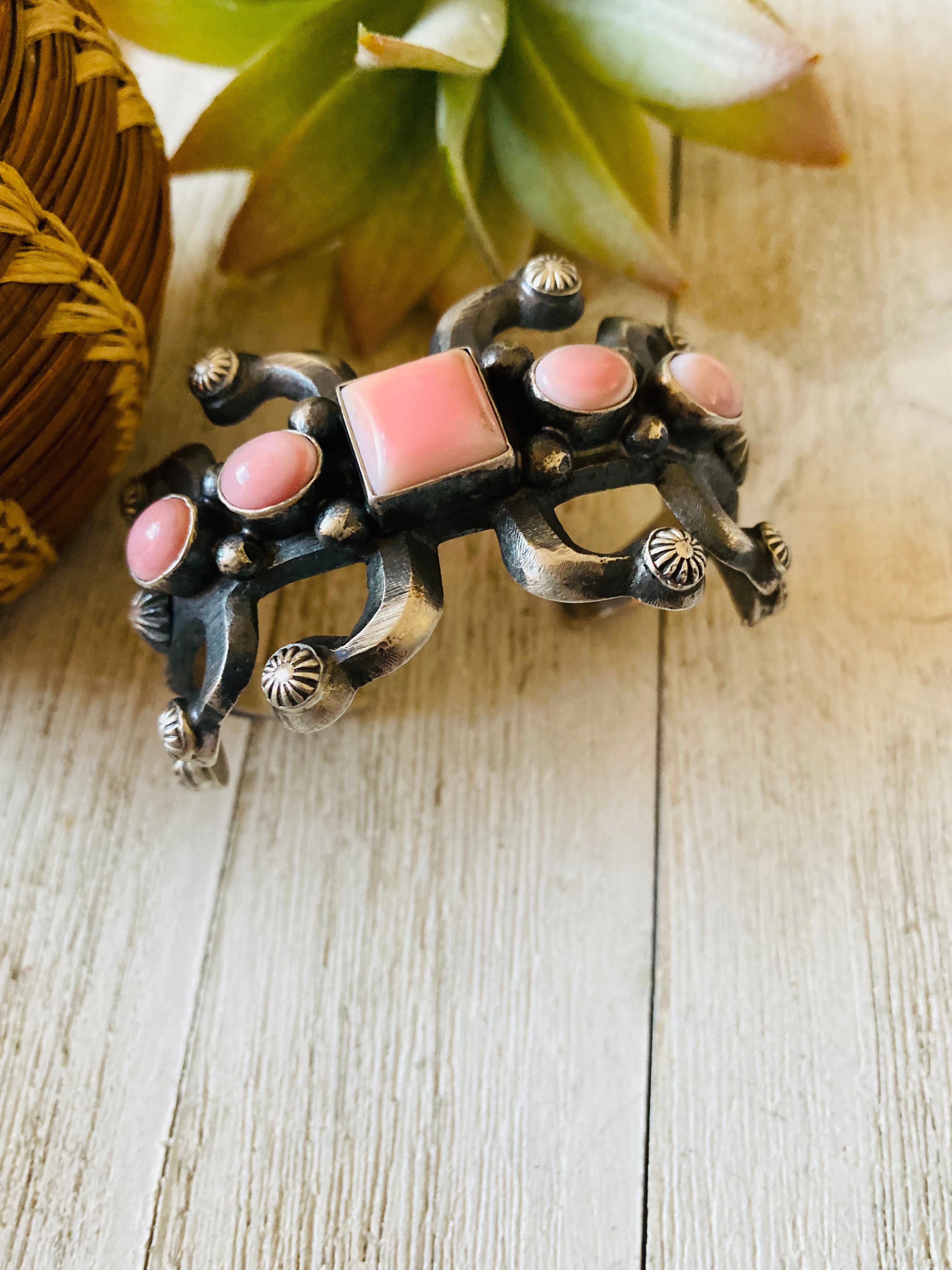 Navajo Queen Pink Conch Shell & Sterling Silver Cuff Bracelet by Chimney Butte