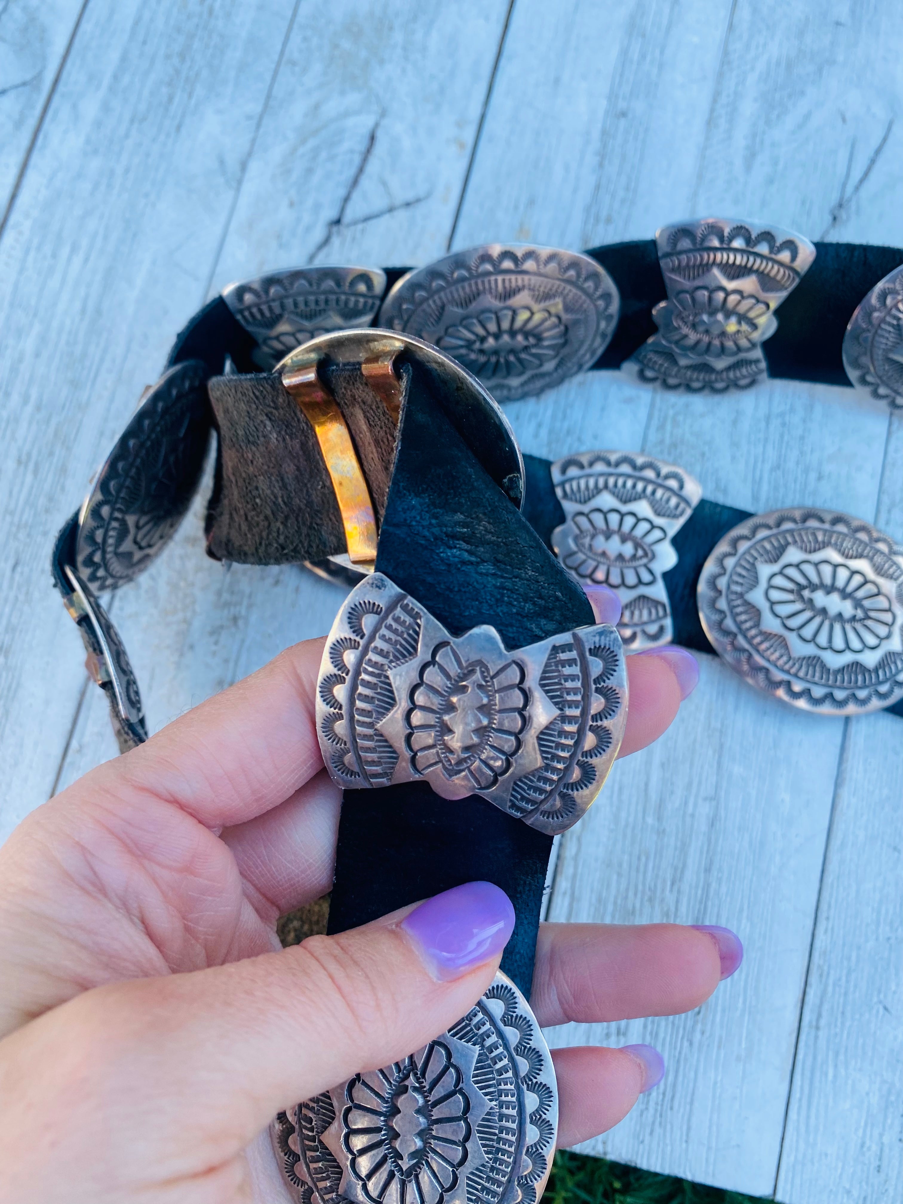 Vintage Navajo Black Leather And Sterling Silver Concho Belt