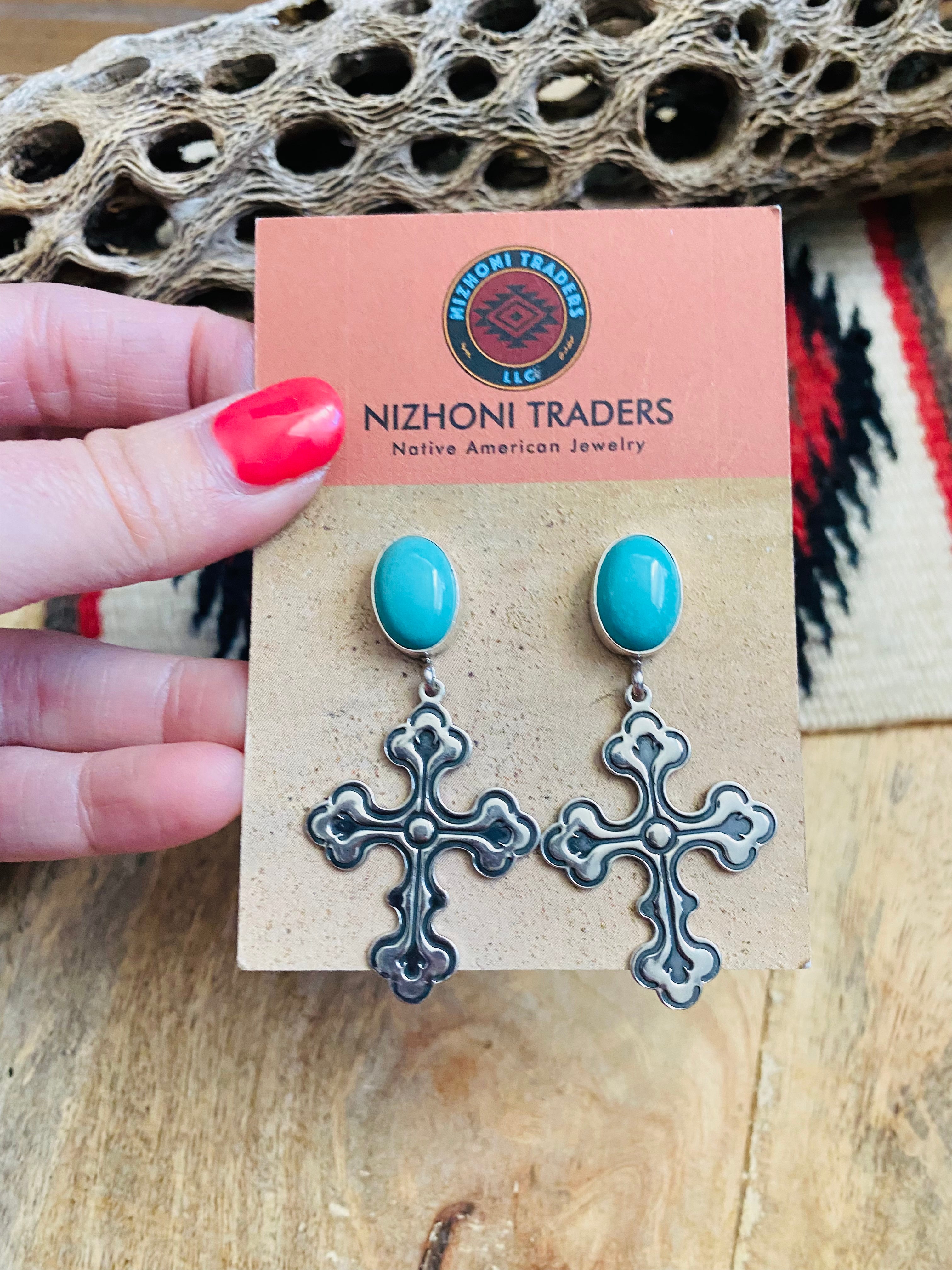 Navajo Turquoise & Sterling Silver Cross Dangle Earrings