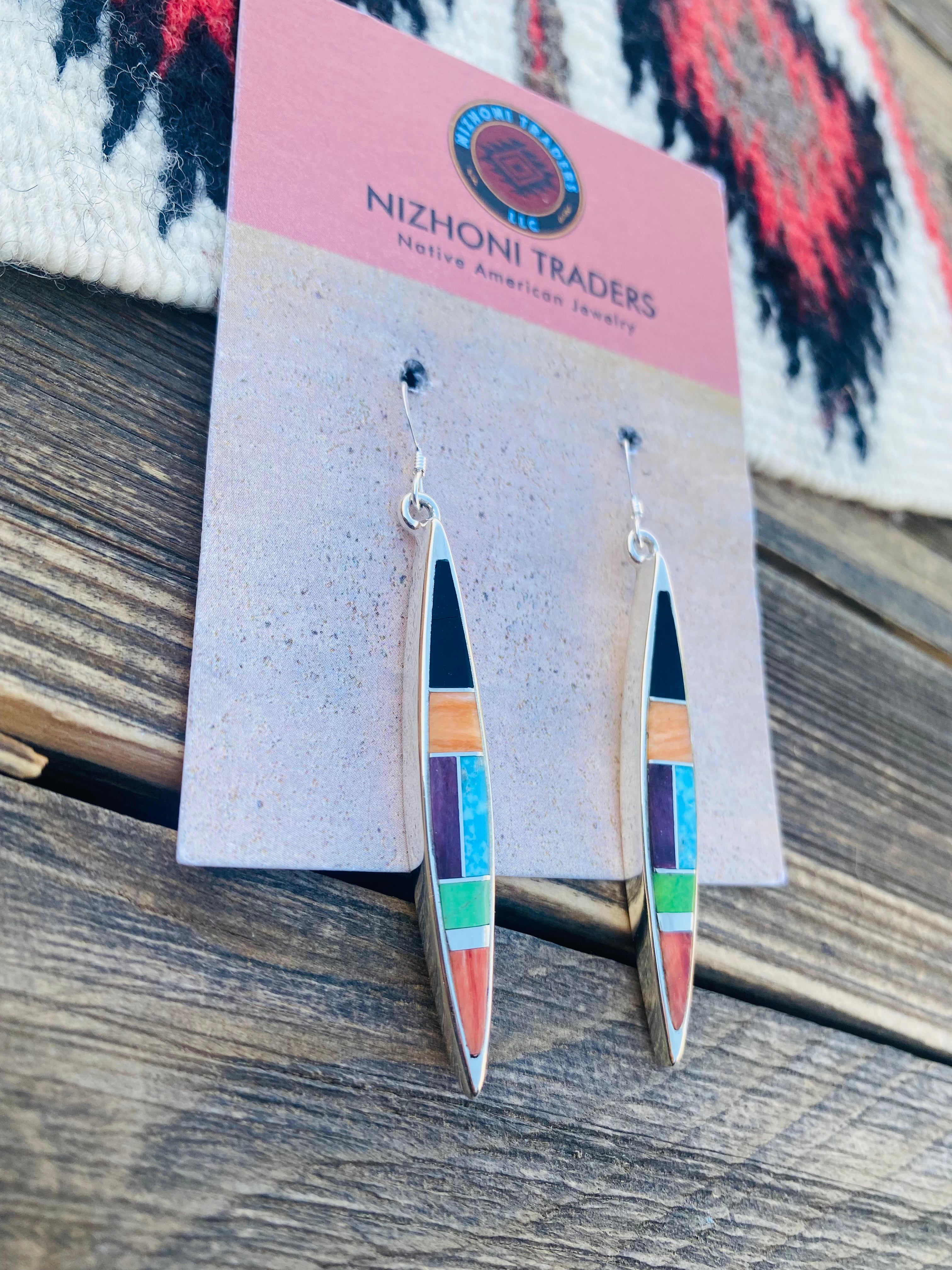 Navajo Multi Stone & Sterling Silver Inlay Dangle Earrings