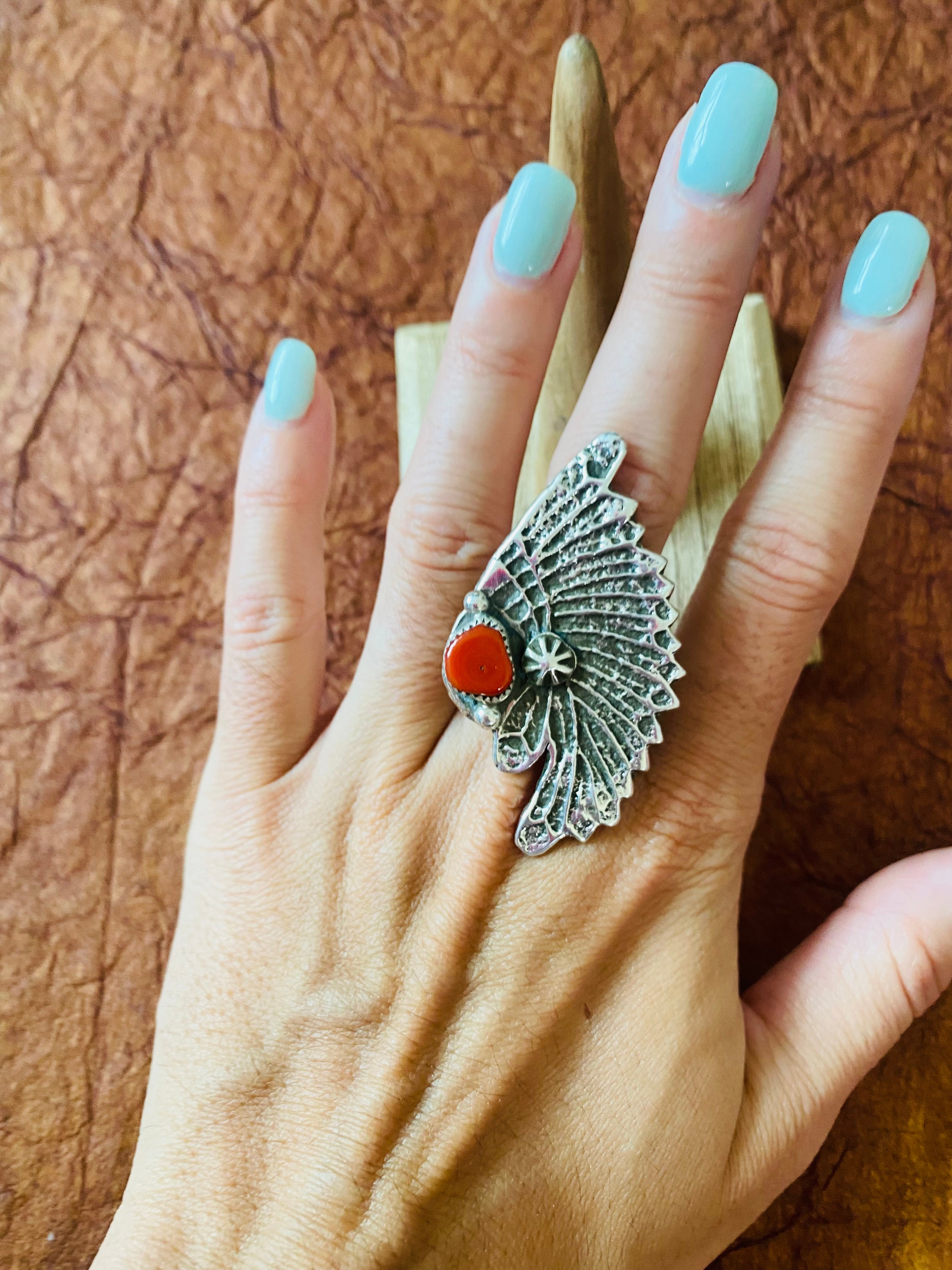 Navajo Coral & Sterling Silver Indian Chief Ring Size 9