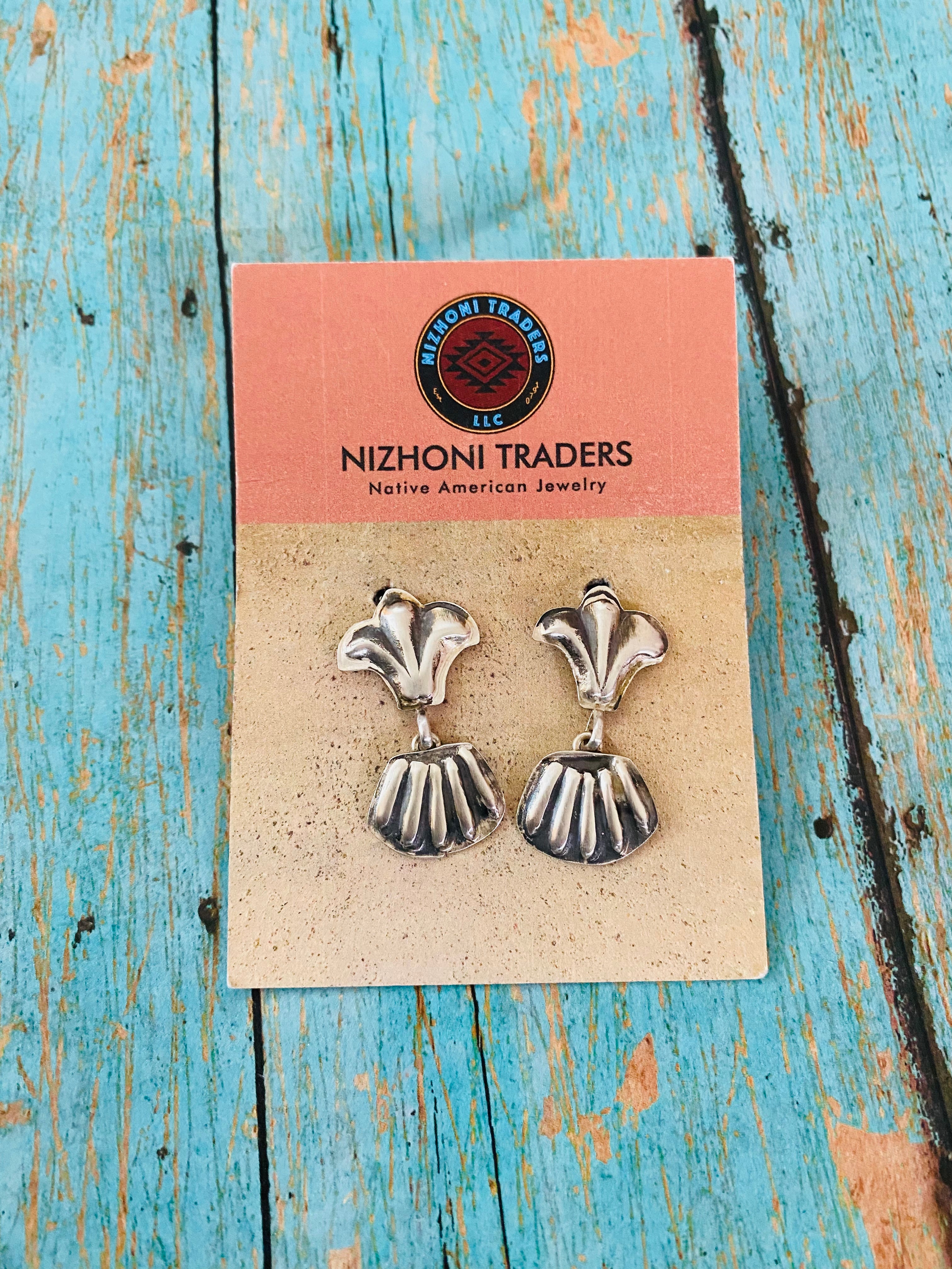 Navajo Hand Stamped Sterling Silver Concho Dangle Earrings