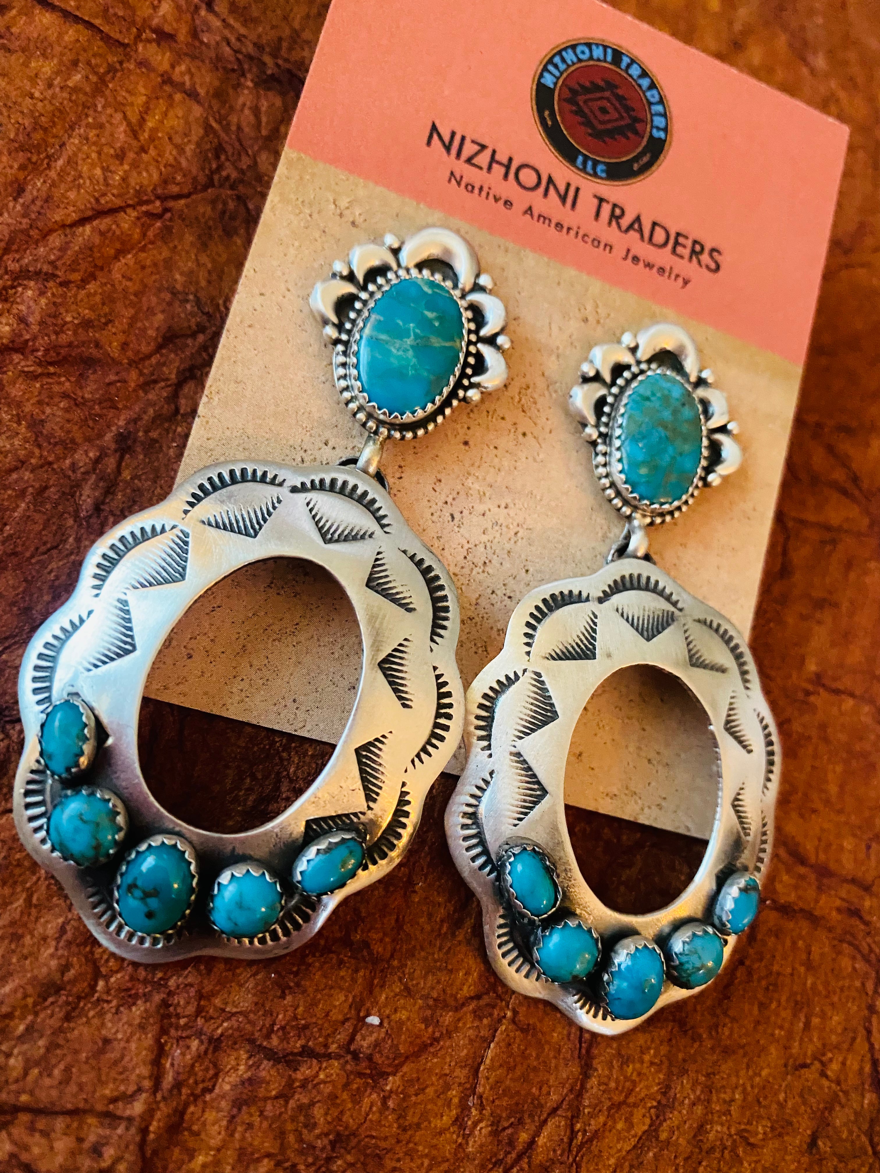 Navajo Sterling Silver & Turquoise Concho Dangle Earrings