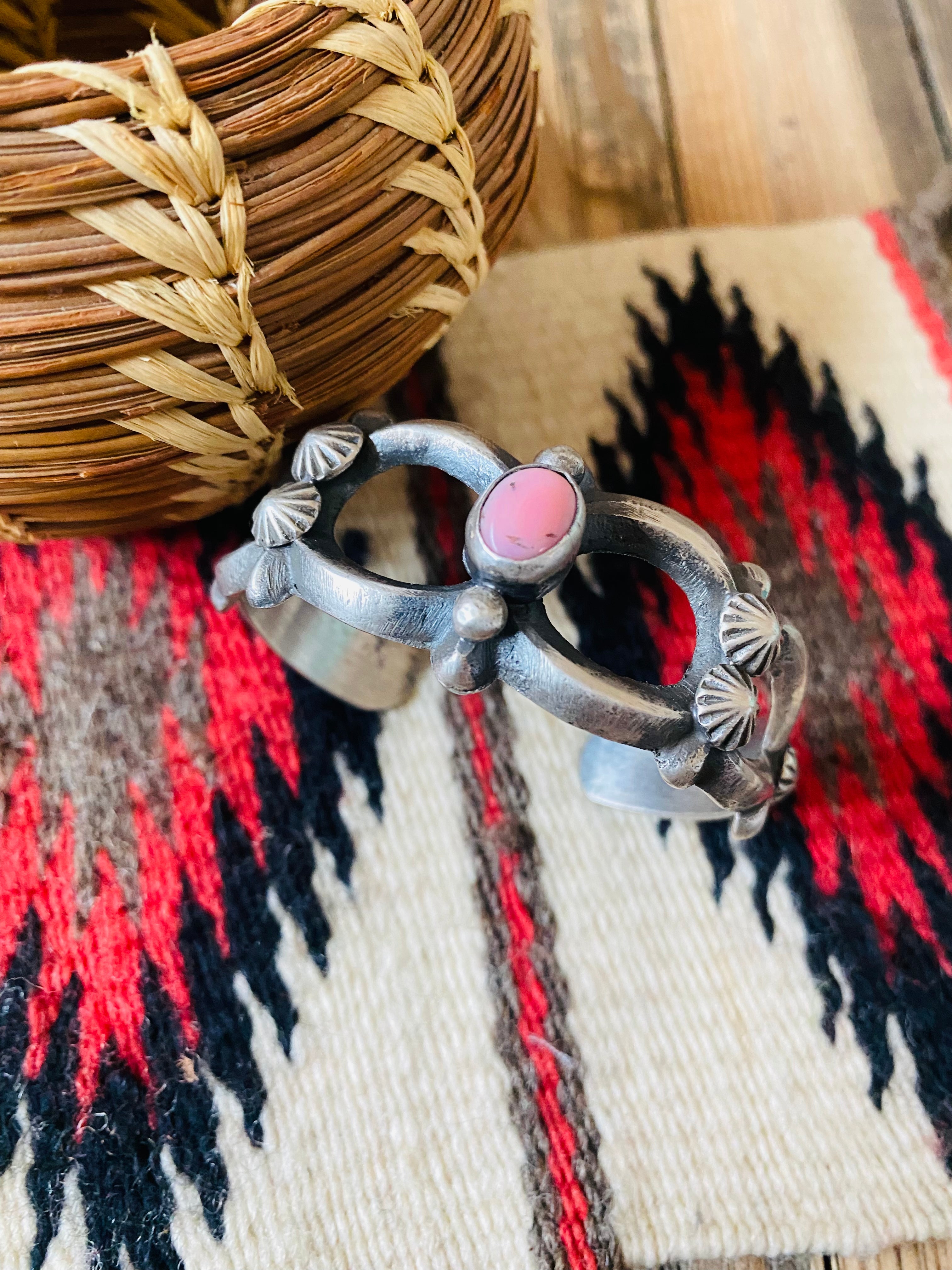 Navajo Queen Pink Conch Shell & Sterling Silver Cuff Bracelet By Chimney Butte