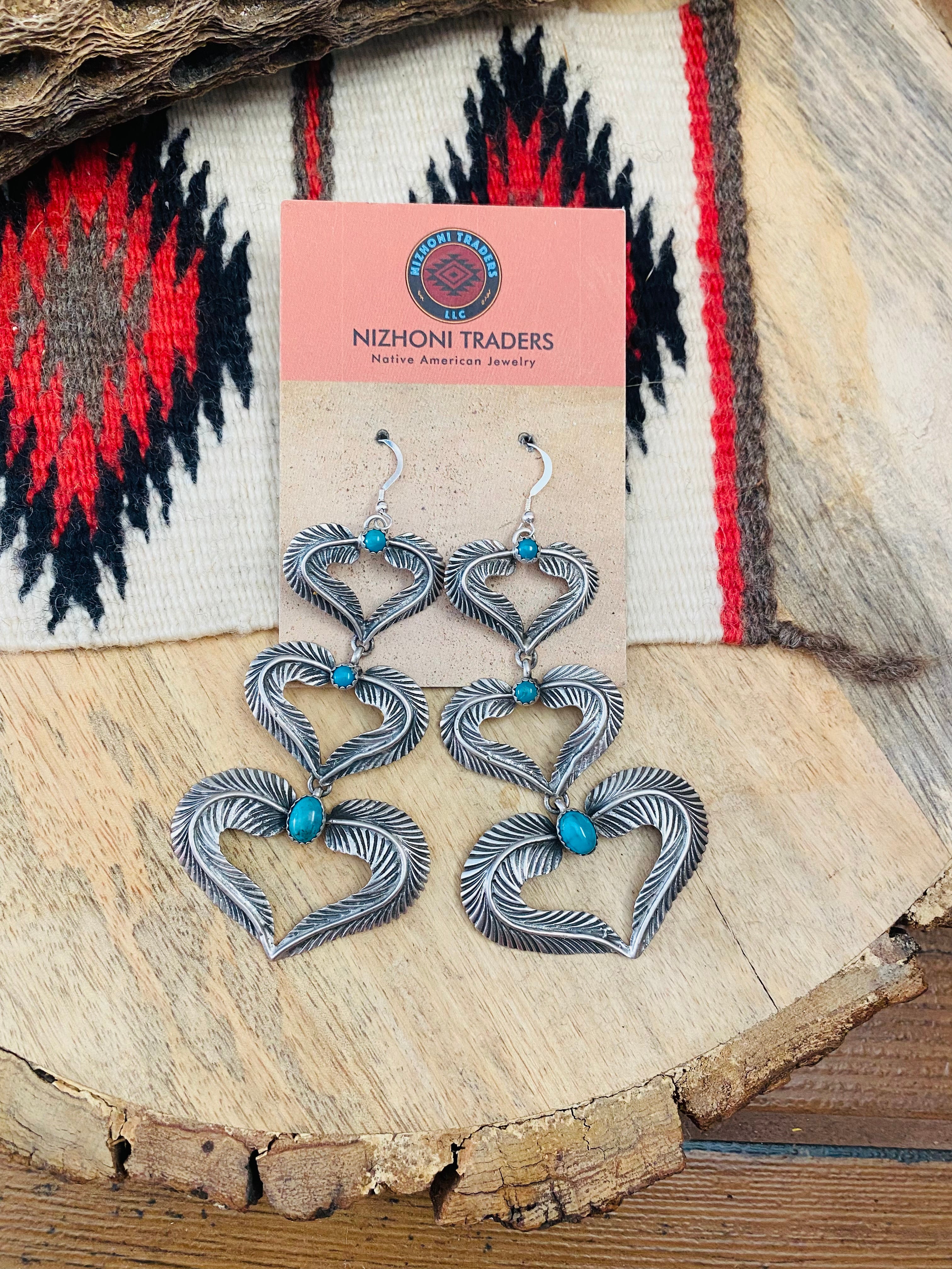 Navajo Turquoise & Sterling Silver Feather Heart Dangle Earrings