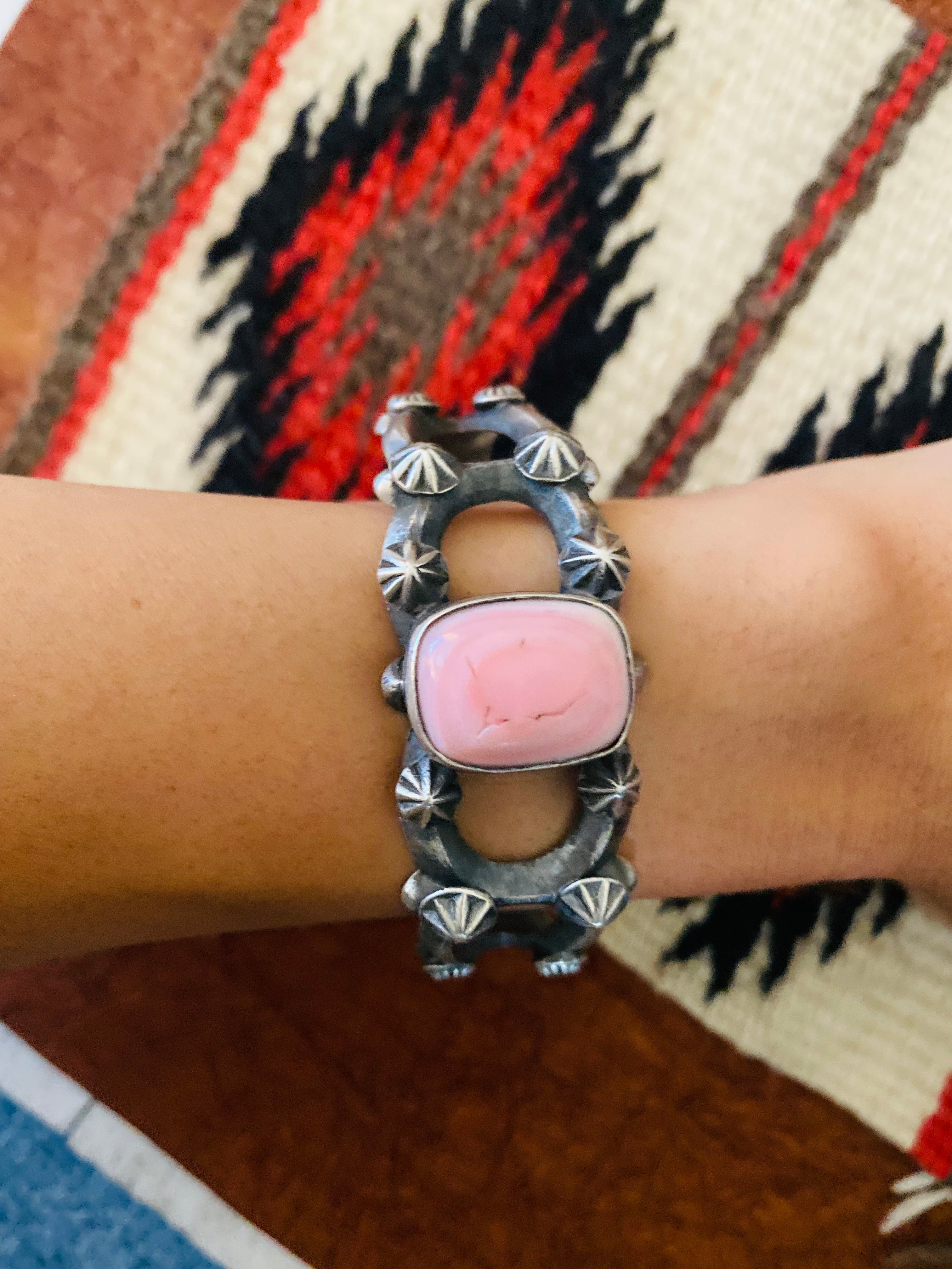 Navajo Queen Pink Conch Shell & Sterling Silver Cuff Bracelet By Chimney Butte