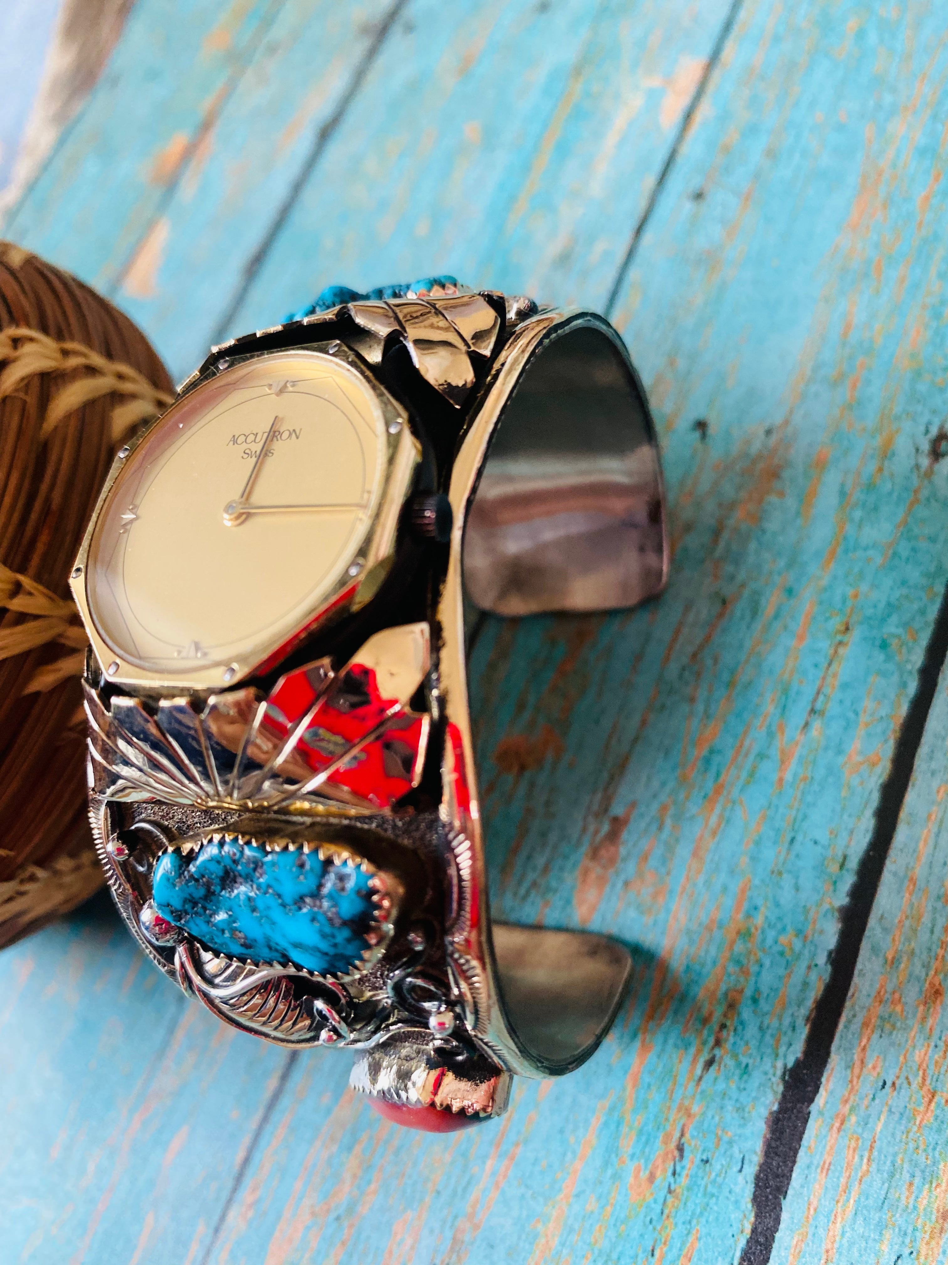 Old Pawn Vintage Navajo Coral, Turquoise & Sterling Silver Watch Cuff