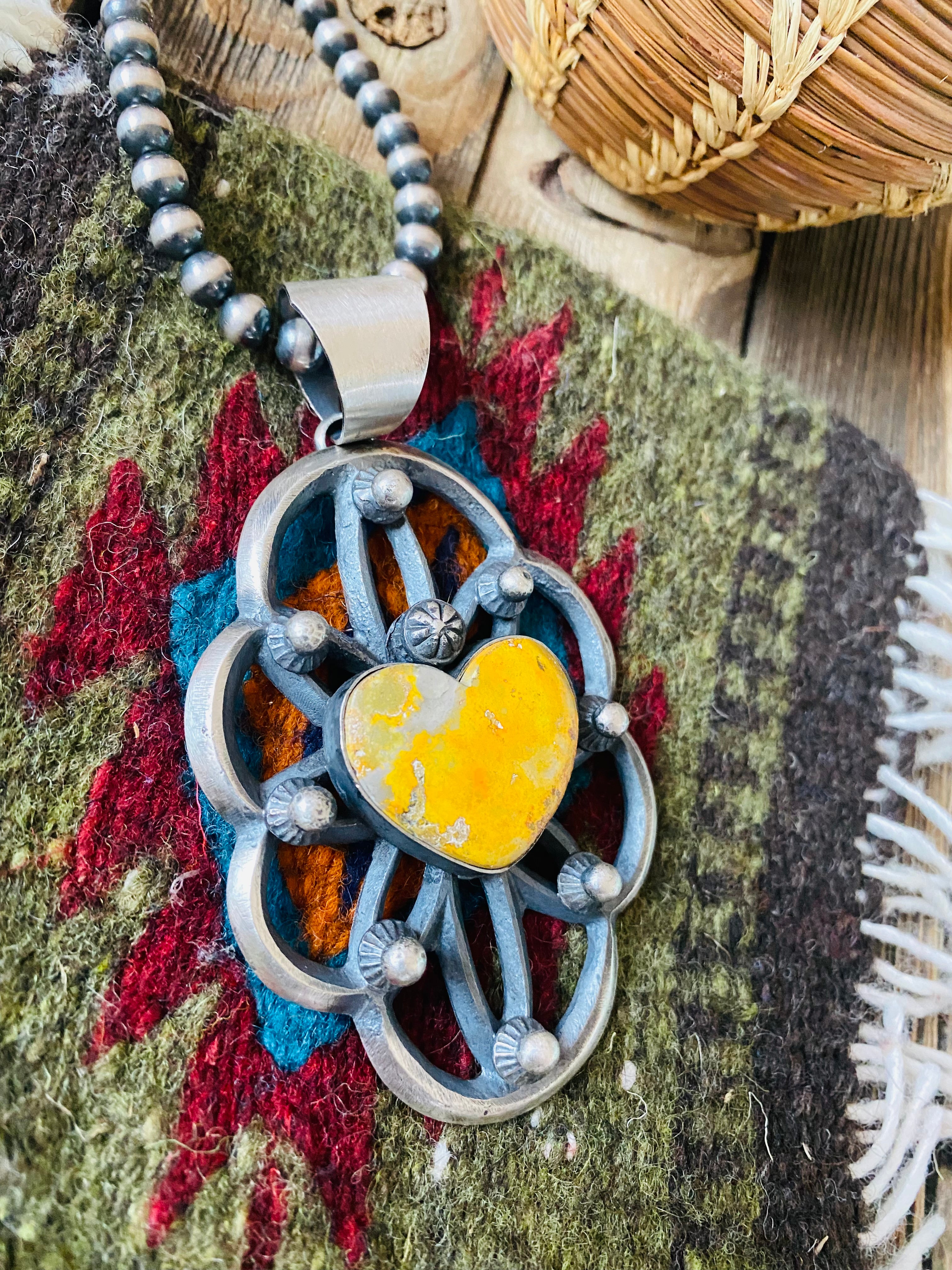 Navajo Sterling Silver & Bumblebee Heart Pendant By Chimney Butte