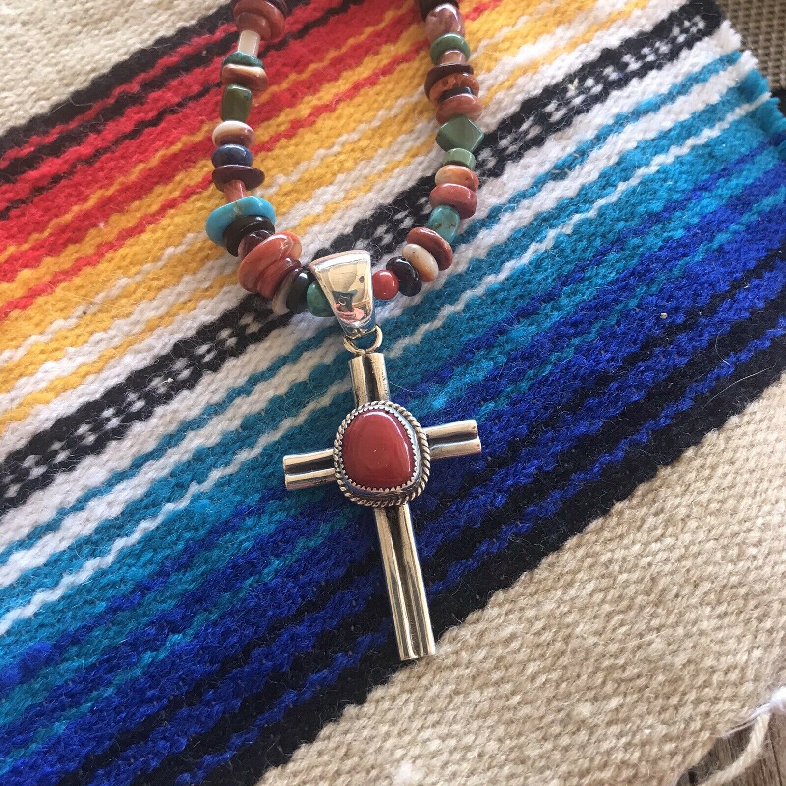 Navajo Sterling Silver Natural Red Coral Statement Cross Pendant Signed