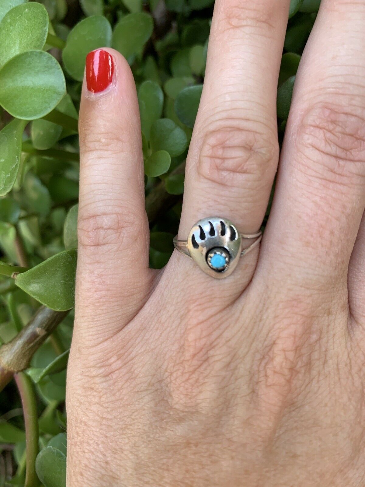 Zuni Sterling Silver Turquoise Bear Paw Ring CA