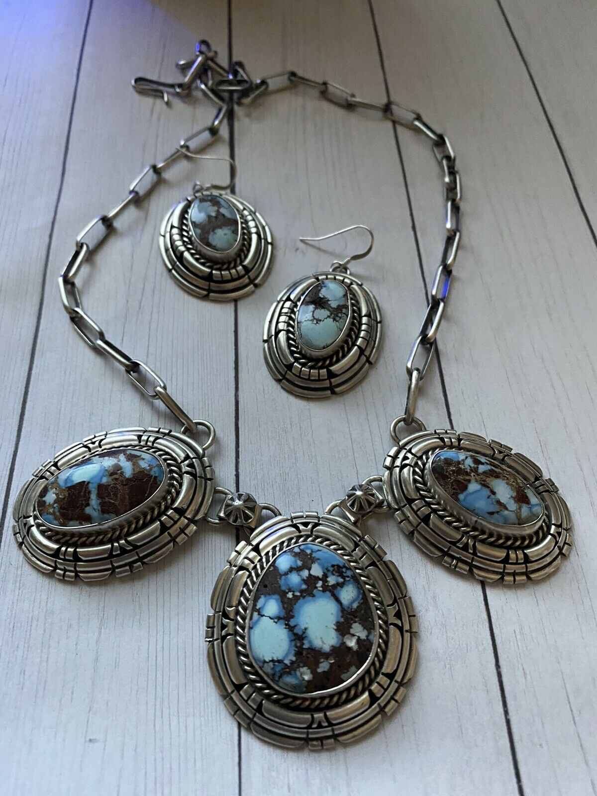 Navajo Golden Hills Turquoise & Sterling Silver Necklace Set by Larry Kaye