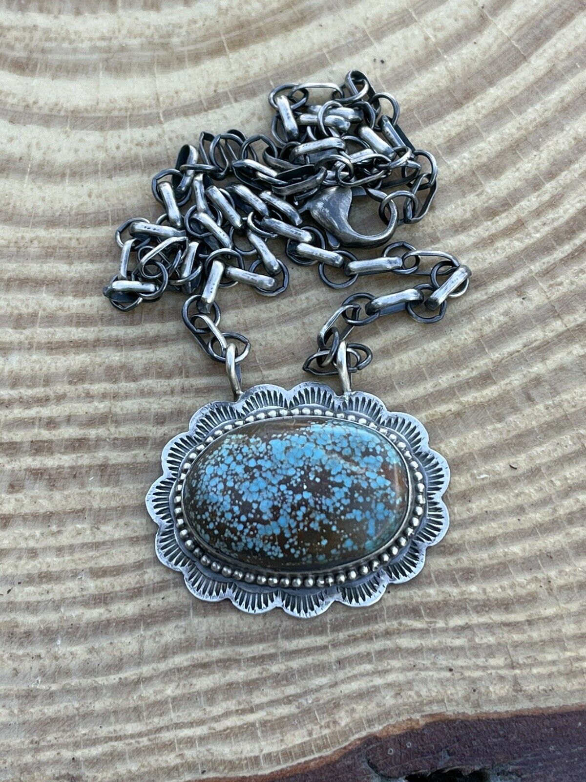 Navajo Kingman Web Turquoise Stone & Sterling Silver Necklace