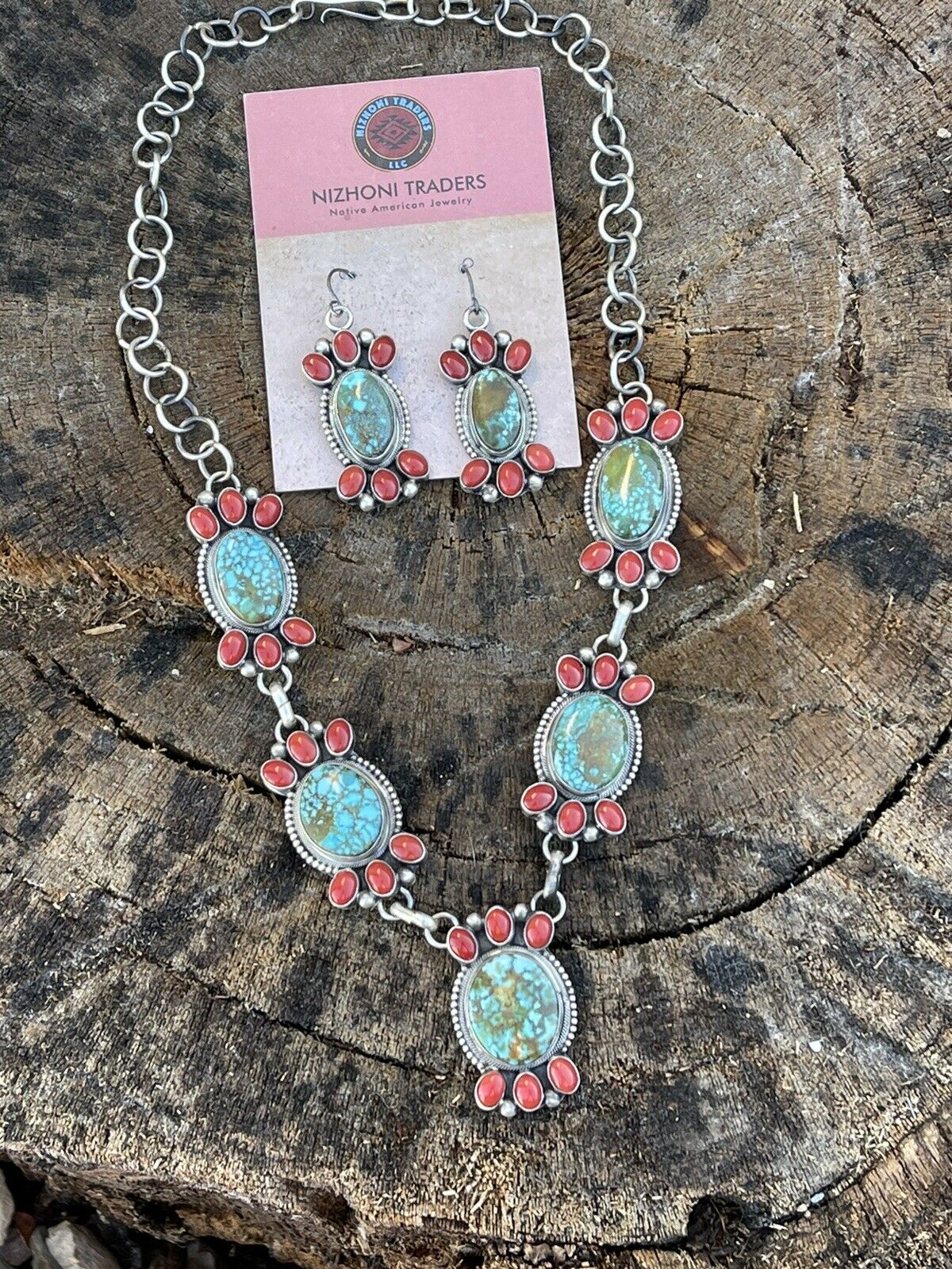 Navajo Sterling Kingman Turquoise Natural Red Coral Necklace Set Taos Collection