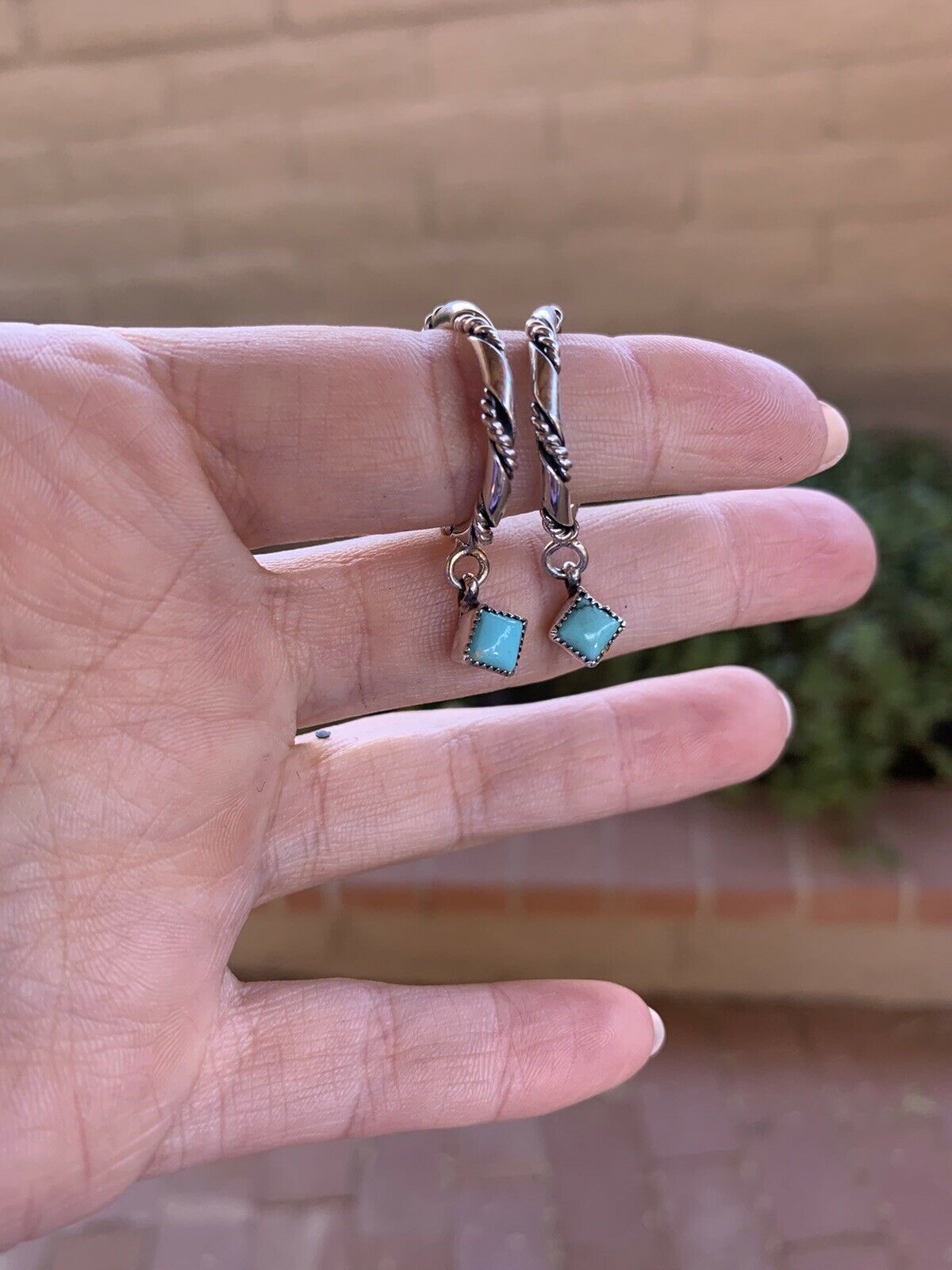 Navajo Royston turquoise & Sterling Silver Braided Charm Hoops