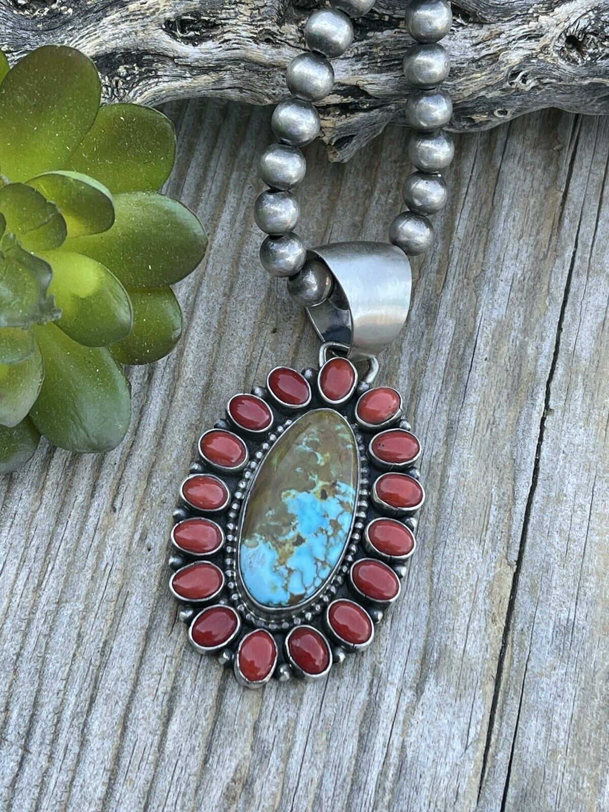 Handcrafted Sterling Silver Kingman Web Turquoise Red Coral Taos Clu