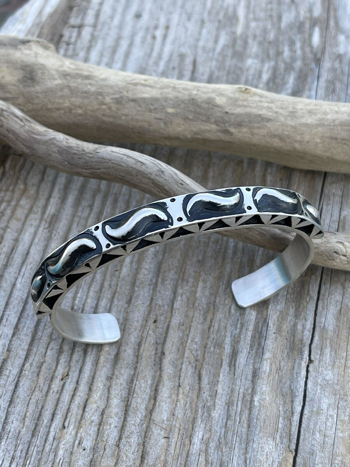 Leander Tahe Hand Stamped Sterling Navajo Bracelet Signed