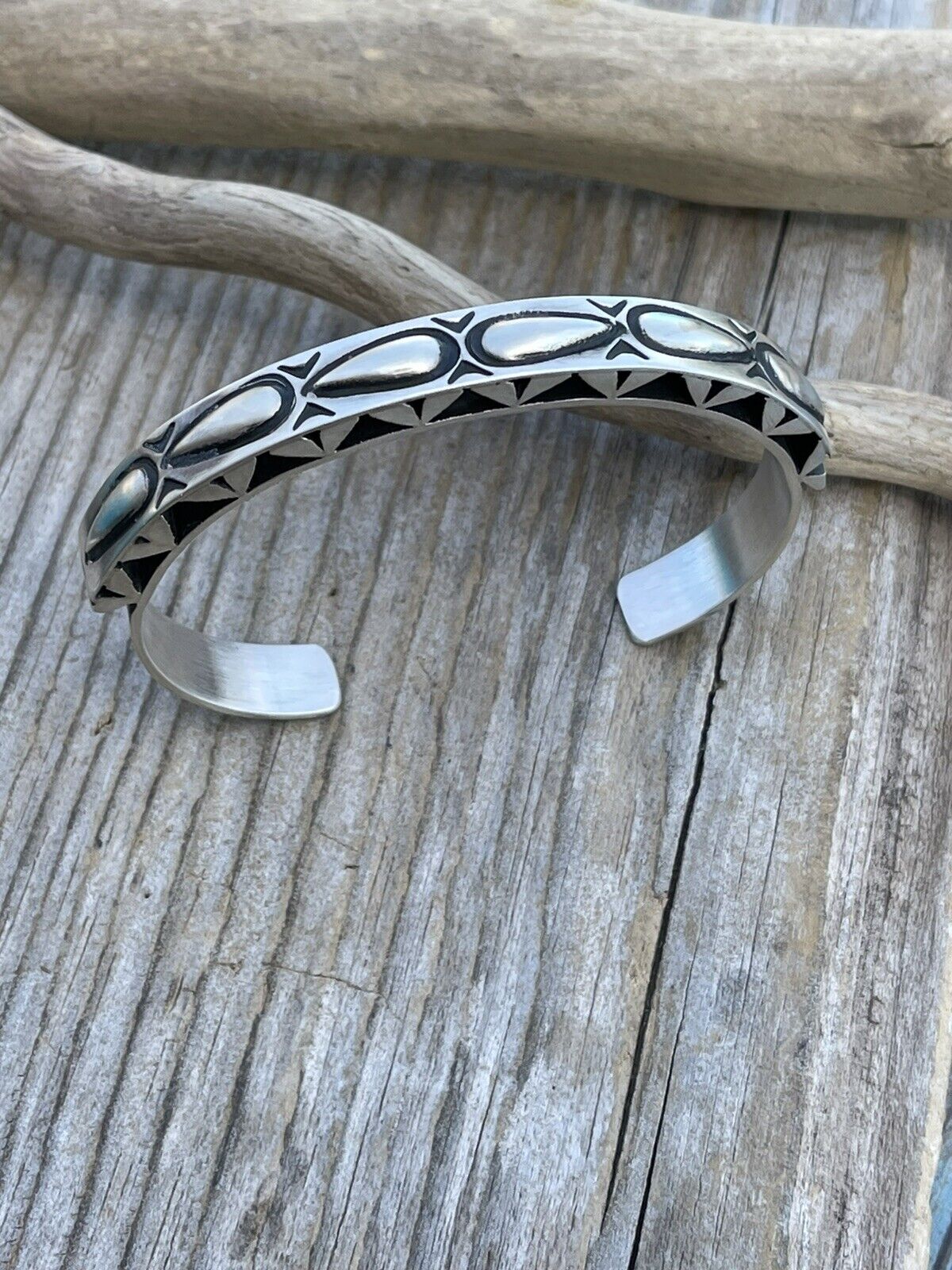 Leander Tahe Hand Stamped Sterling Navajo Bracelet Signed