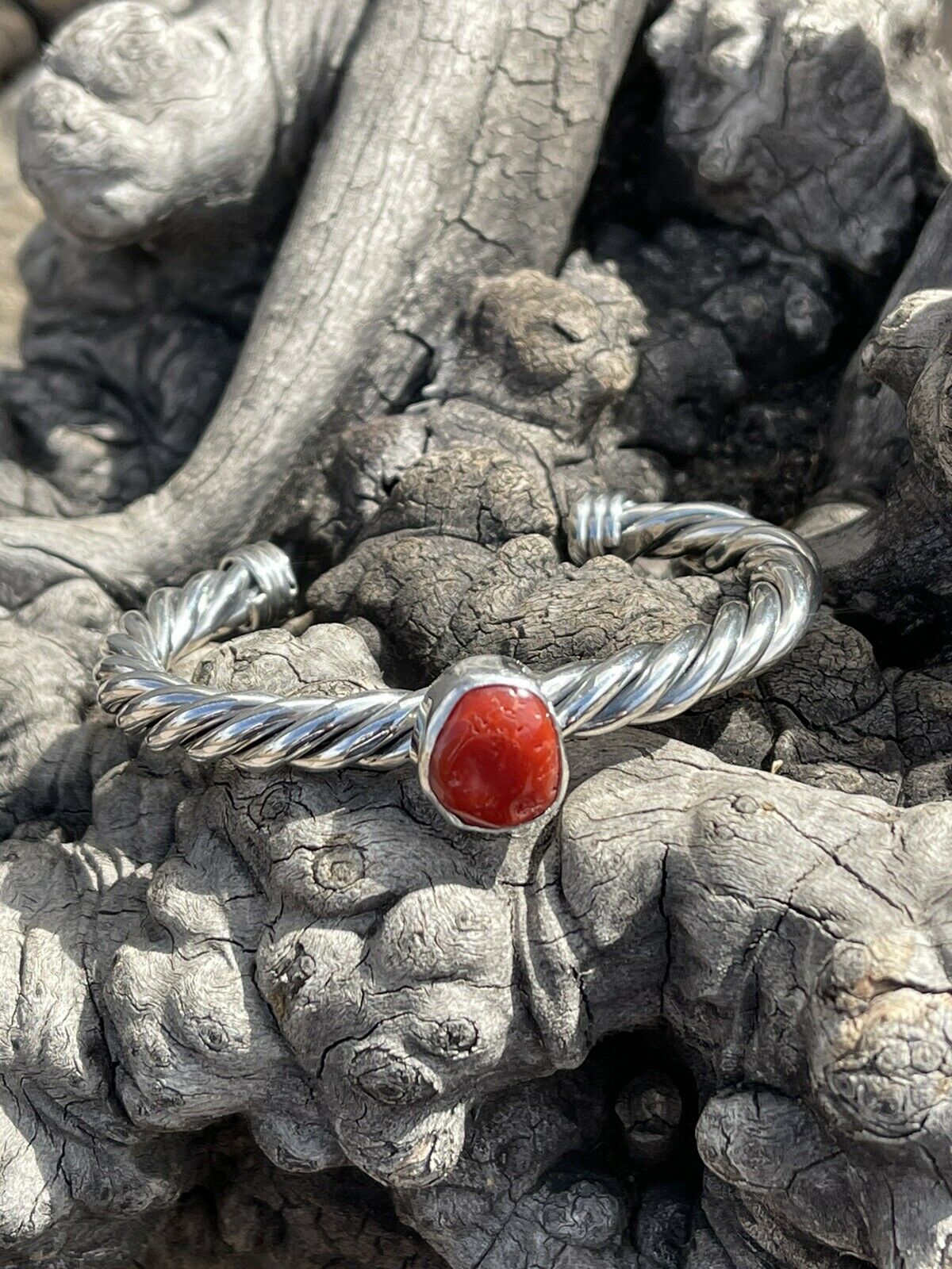 Sterling Silver Rope Twist Natural Red Coral Cuff Bracelet