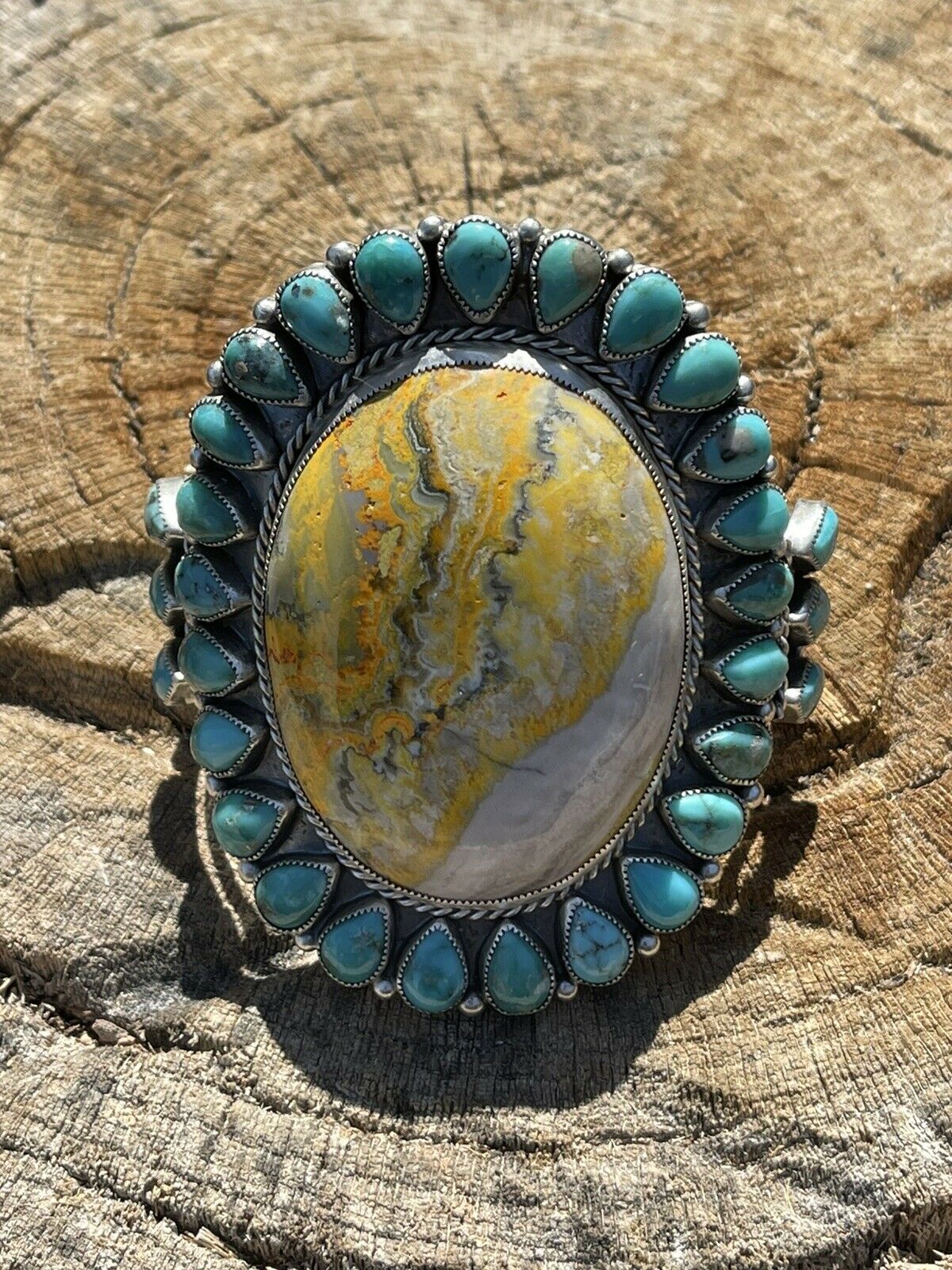 Navajo Sterling Silver Bumblebee Jasper & Turquoise Cluster Cuff Bracelet