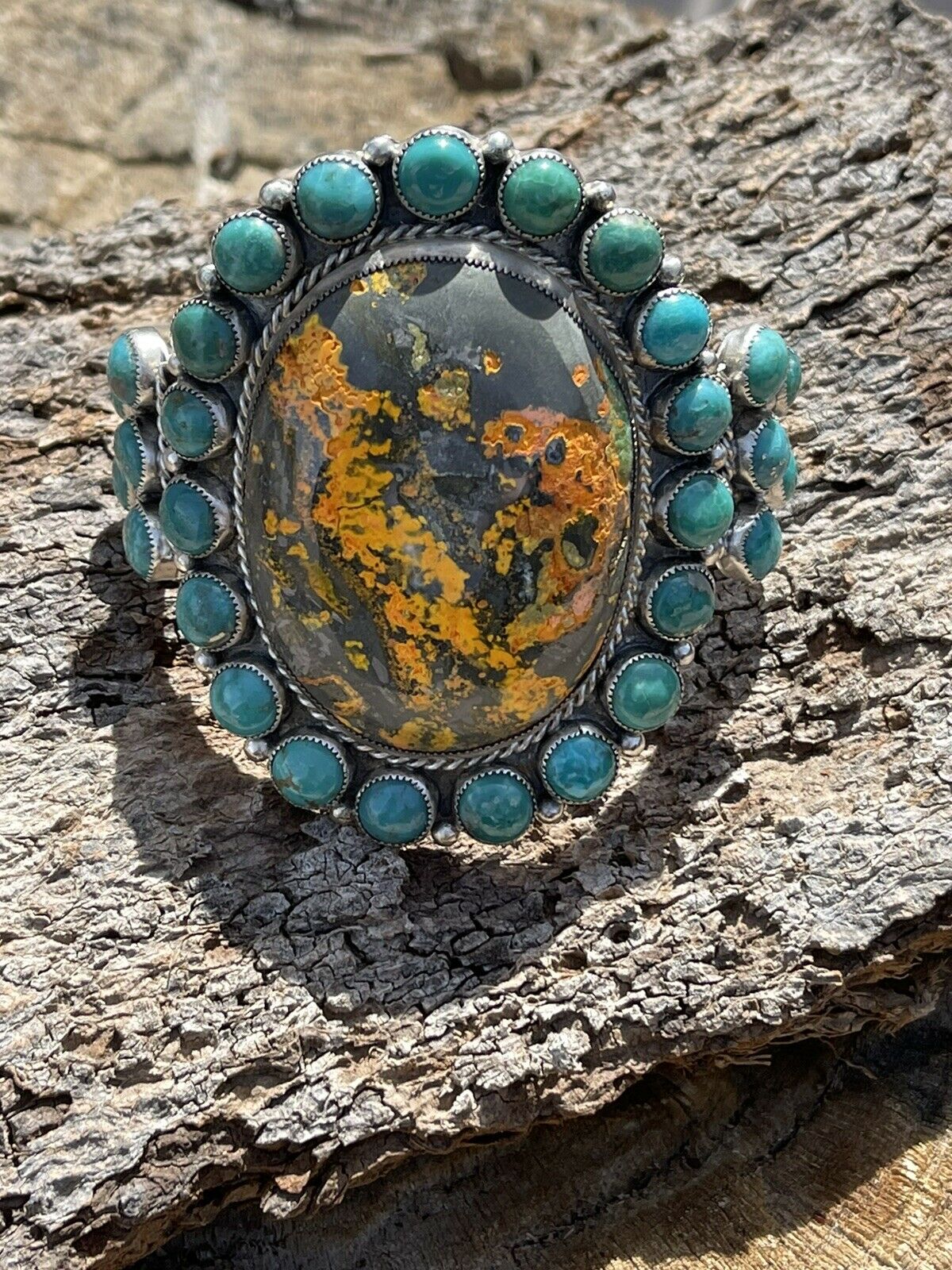 Navajo Sterling Silver Bumblebee Jasper & Turquoise Cluster Cuff Bracelet