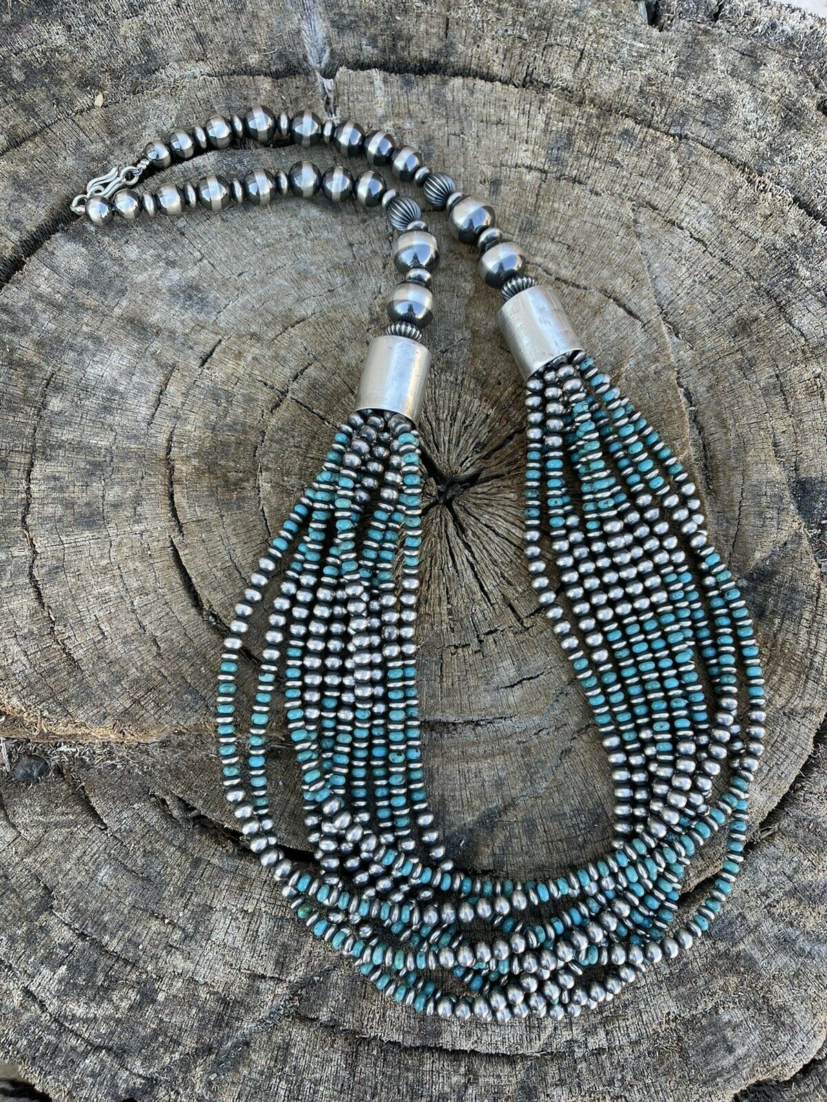 Navajo Sterling Silver & Turquoise Beaded 10 Strand Necklace