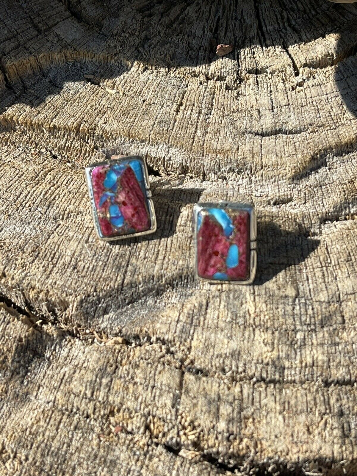 Navajo Pink Dream Mohave & Sterling Rectangle Delight Post Earrings