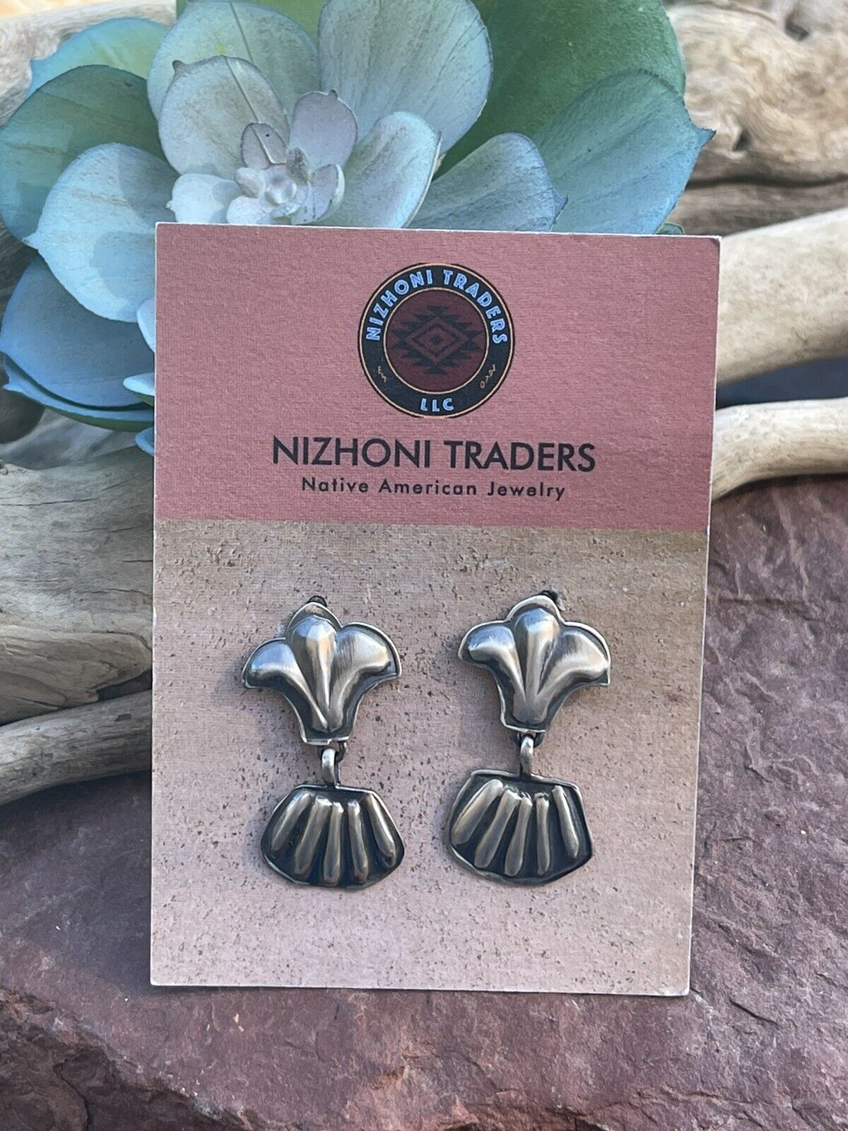 Navajo Sterling Silver Hand Stamped Fleur De Lis Dangle Earrings