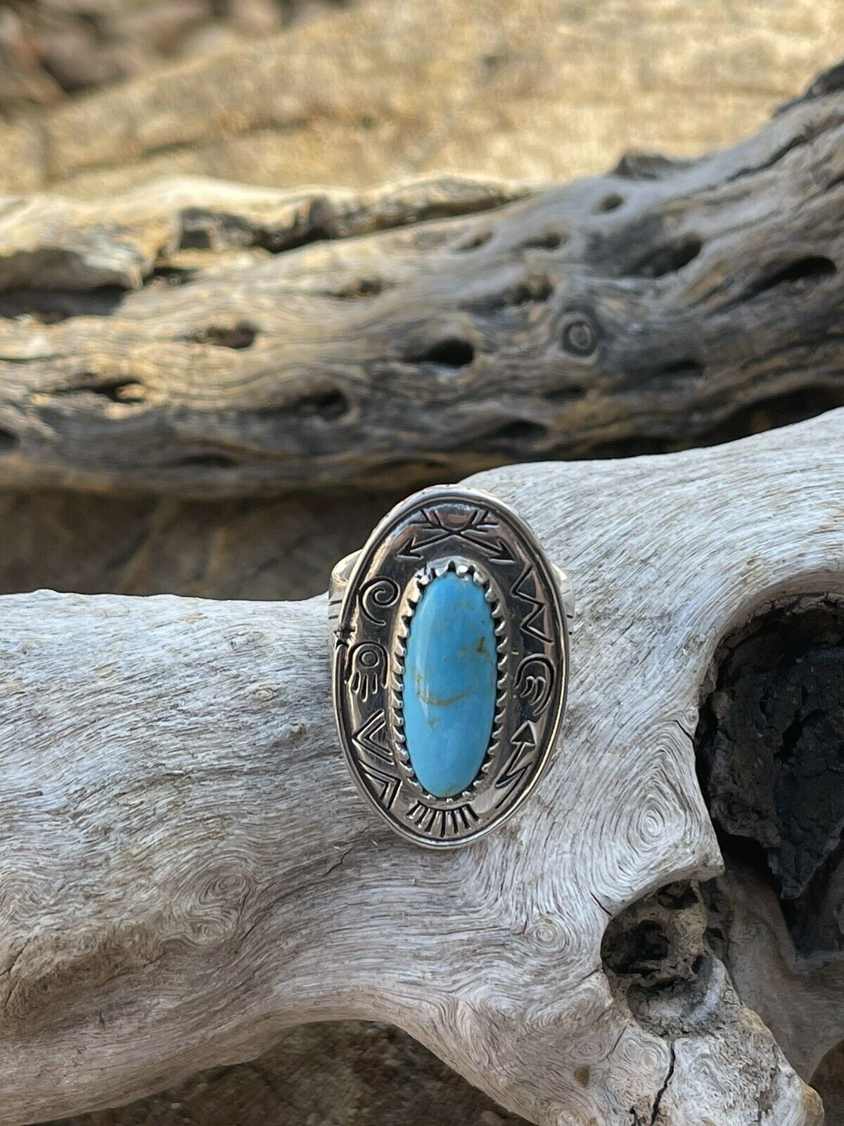 Navajo Sterling Silver Turquoise Southwest Stamped Oval Ring Sz 8.5